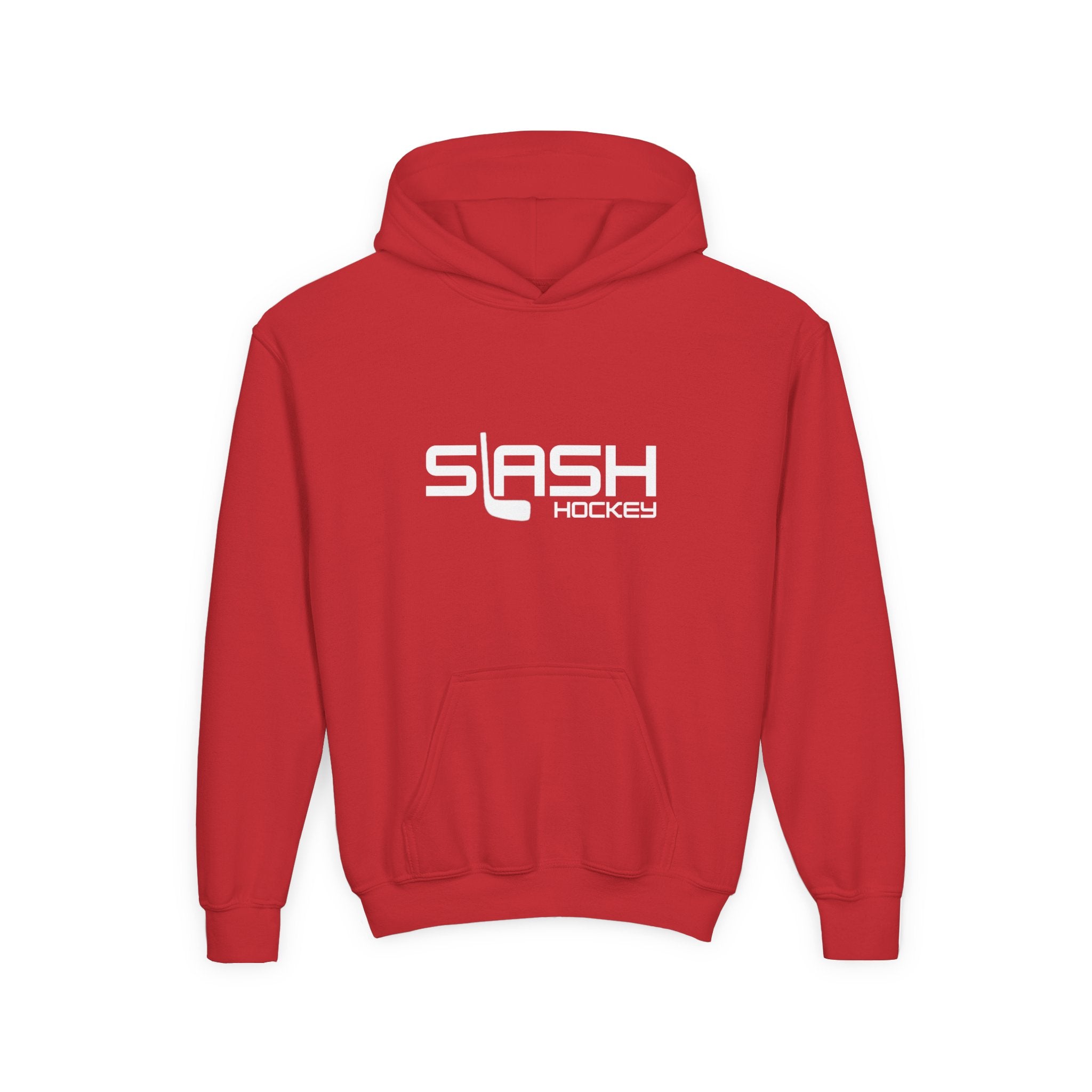 Front view of the Youth Slash Hockey Hoodie in navy with Slash Hockey design.