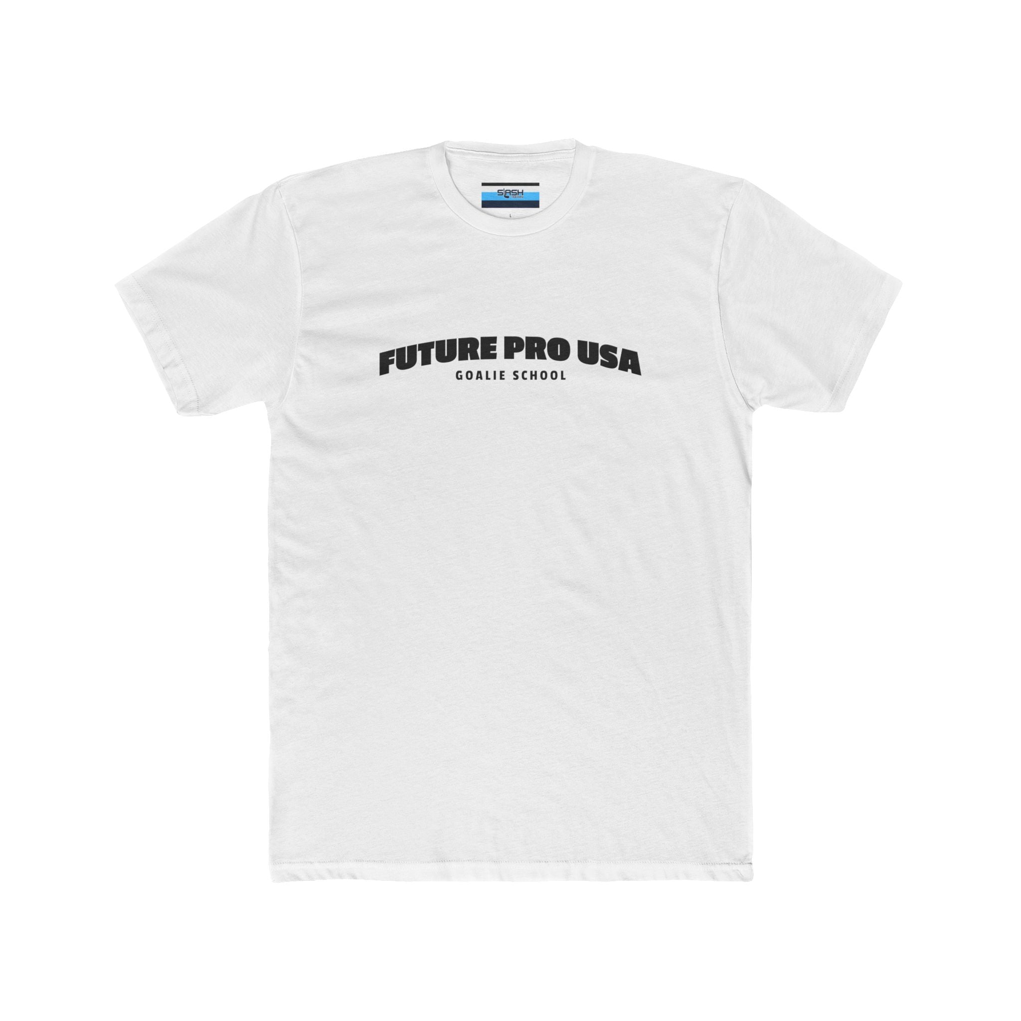 Banner Future Pro USA Goalie School Tee, front view — hockey t-shirt featuring a bold banner-style Future Pro USA Goalie School graphic on the chest, athletic fit, displayed on a plain background.