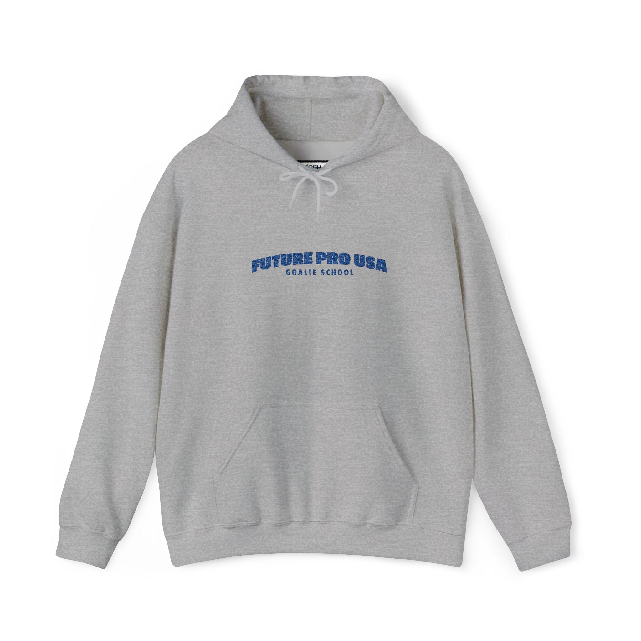 Front view of the white Banner Future Pro USA Goalie School Hoodie with bold banner graphic and front kangaroo pocket.