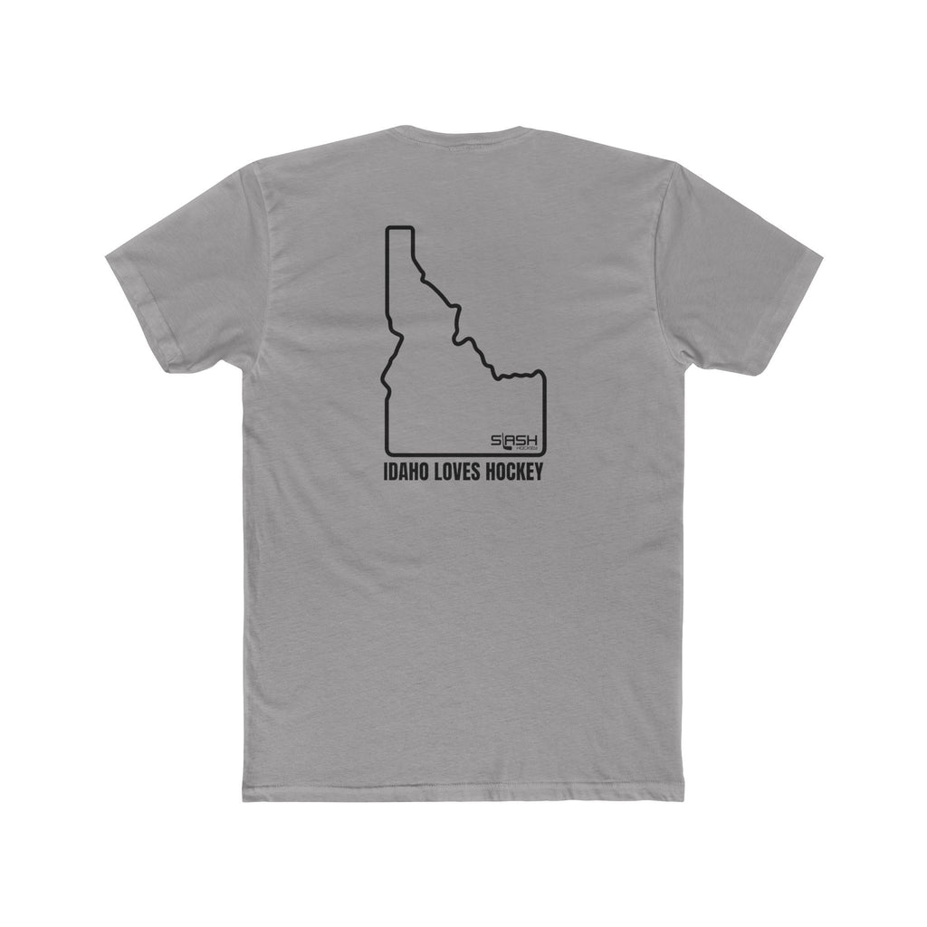 Back view of the Idaho Loves Hockey t-shirt showing the state of Idaho, Idaho Loves Hockey, and the Slash Hockey logo. 