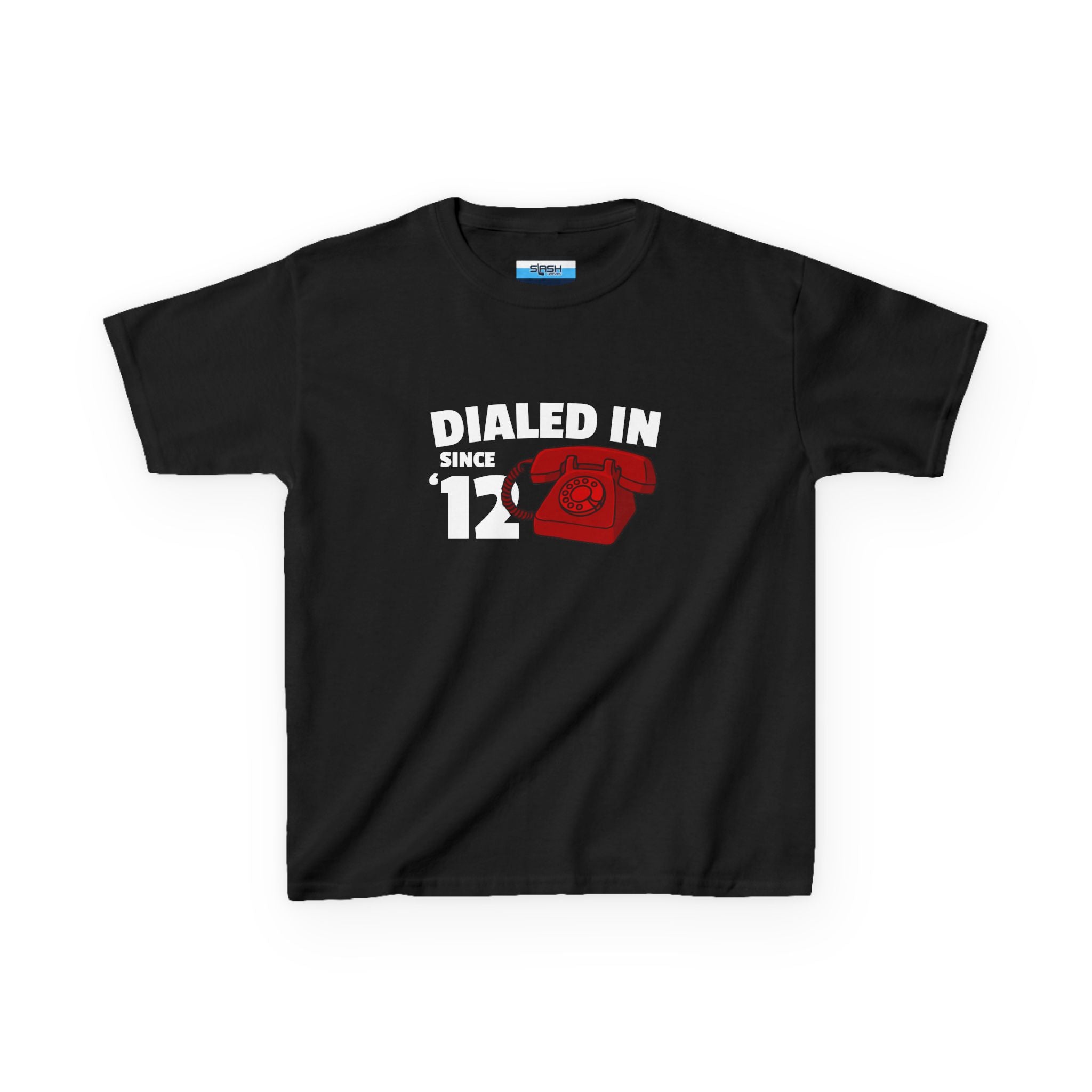 Youth Dialed In Since ’12 Tee, front view — youth hockey t-shirt featuring a bold “Dialed In Since ’12” graphic on the chest, clean athletic fit, displayed on a plain background.