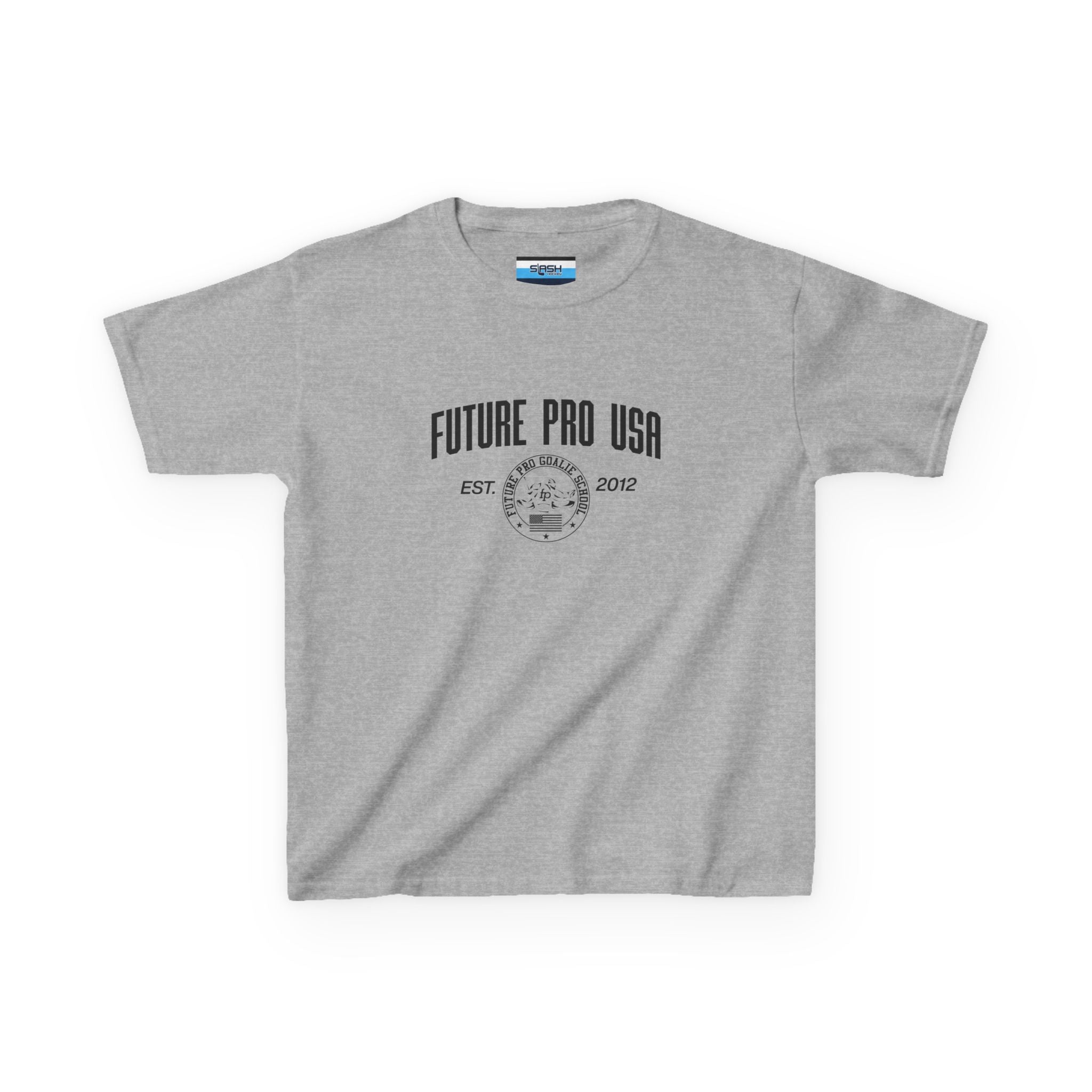 Youth Vintage Future Pro USA Tee, front view — youth hockey t-shirt featuring a retro-style Future Pro USA graphic with a vintage, worn-in look on the chest, athletic fit, displayed on a plain background.