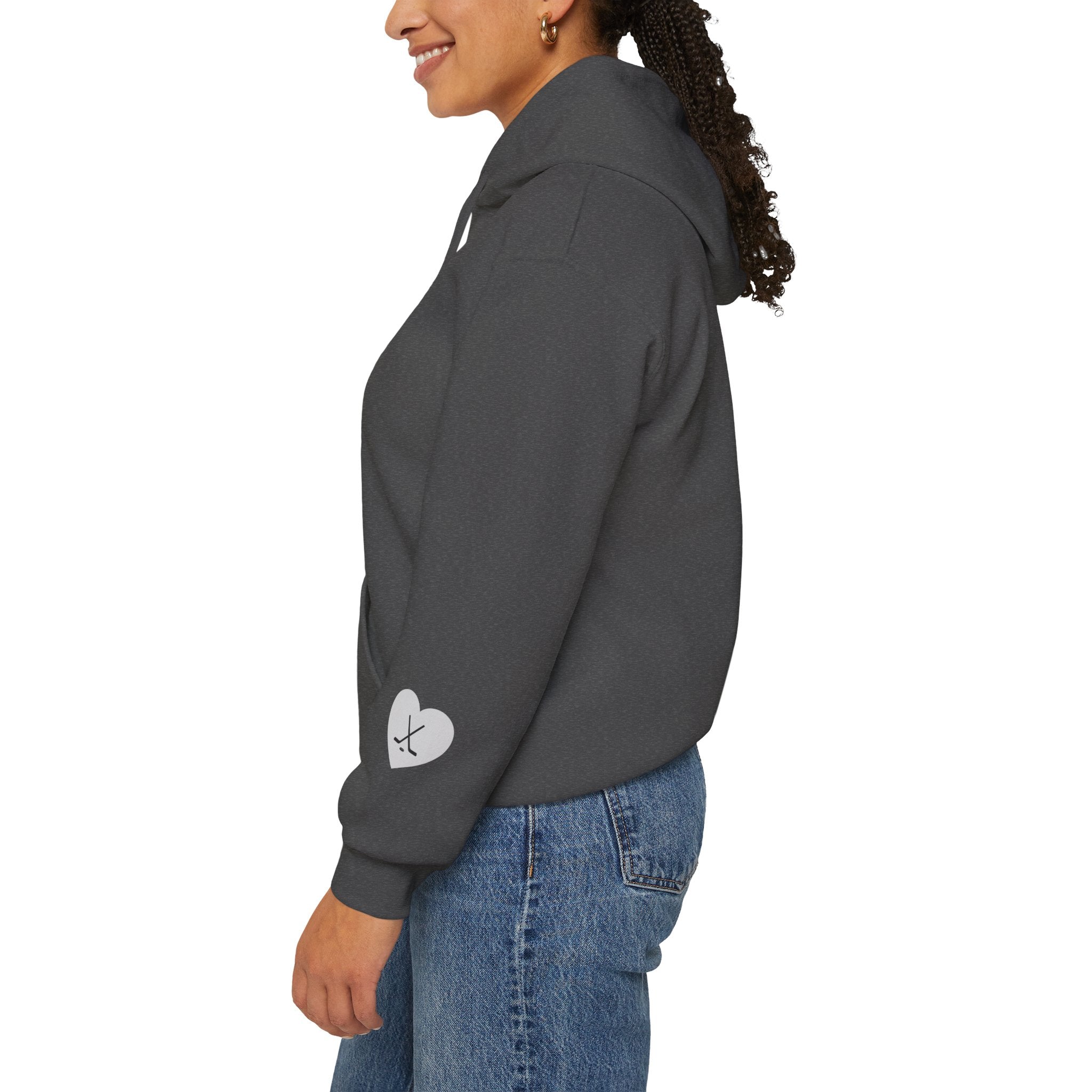 Billet Mom hockey hoodie sleeve detail with subtle Slash Hockey branding