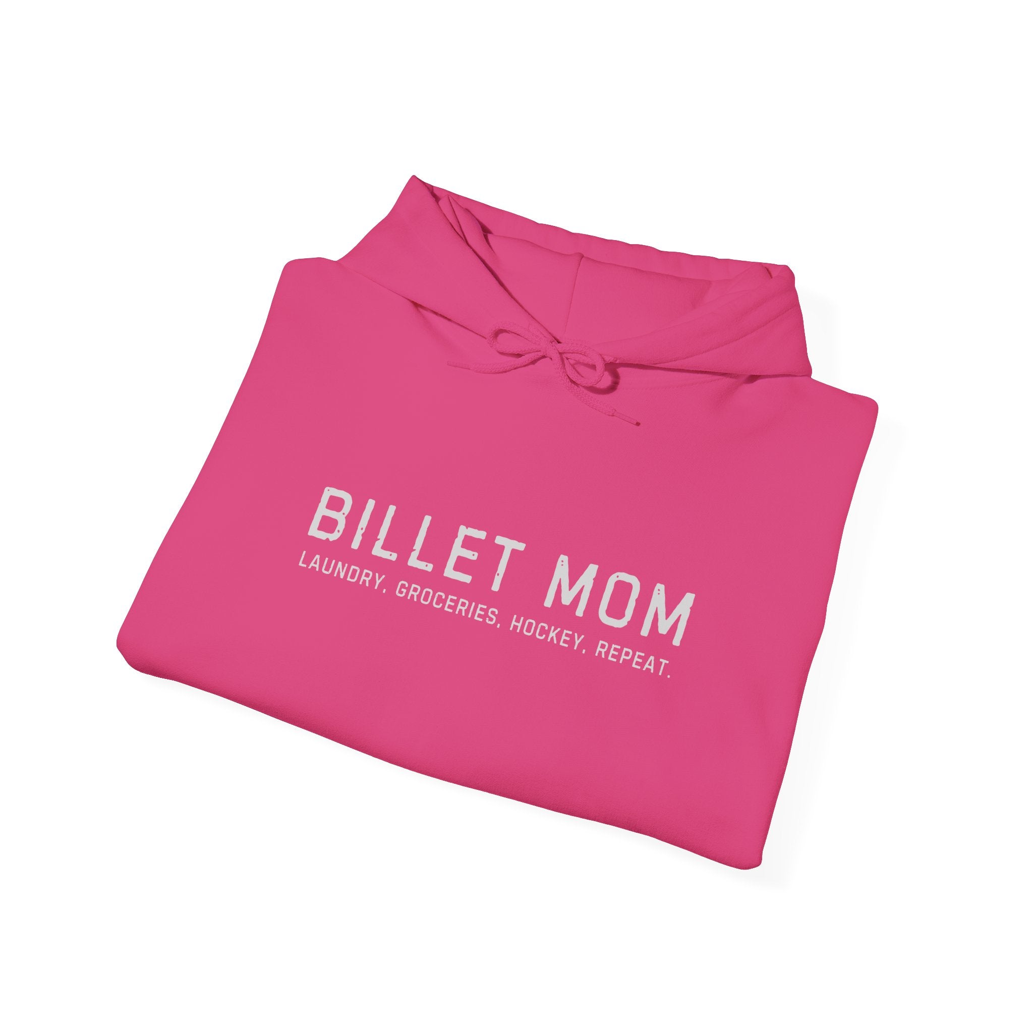 Folded Billet Mom hoodie showing minimalist hockey billet family design
