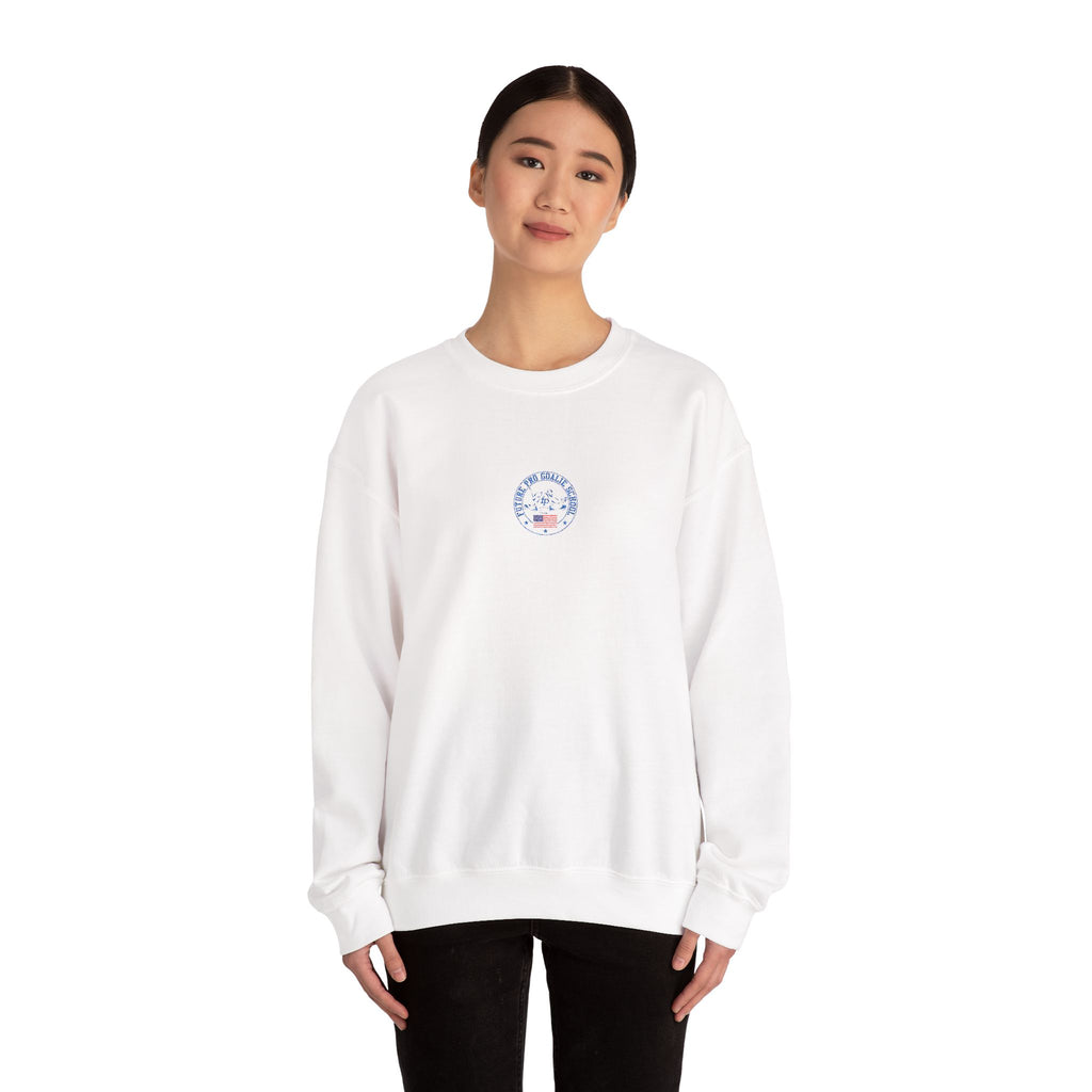 Female model wearing the white Future Pro USA Goalie School Crewneck, highlighting the clean design, subtle embroidery, and comfortable unisex fit.