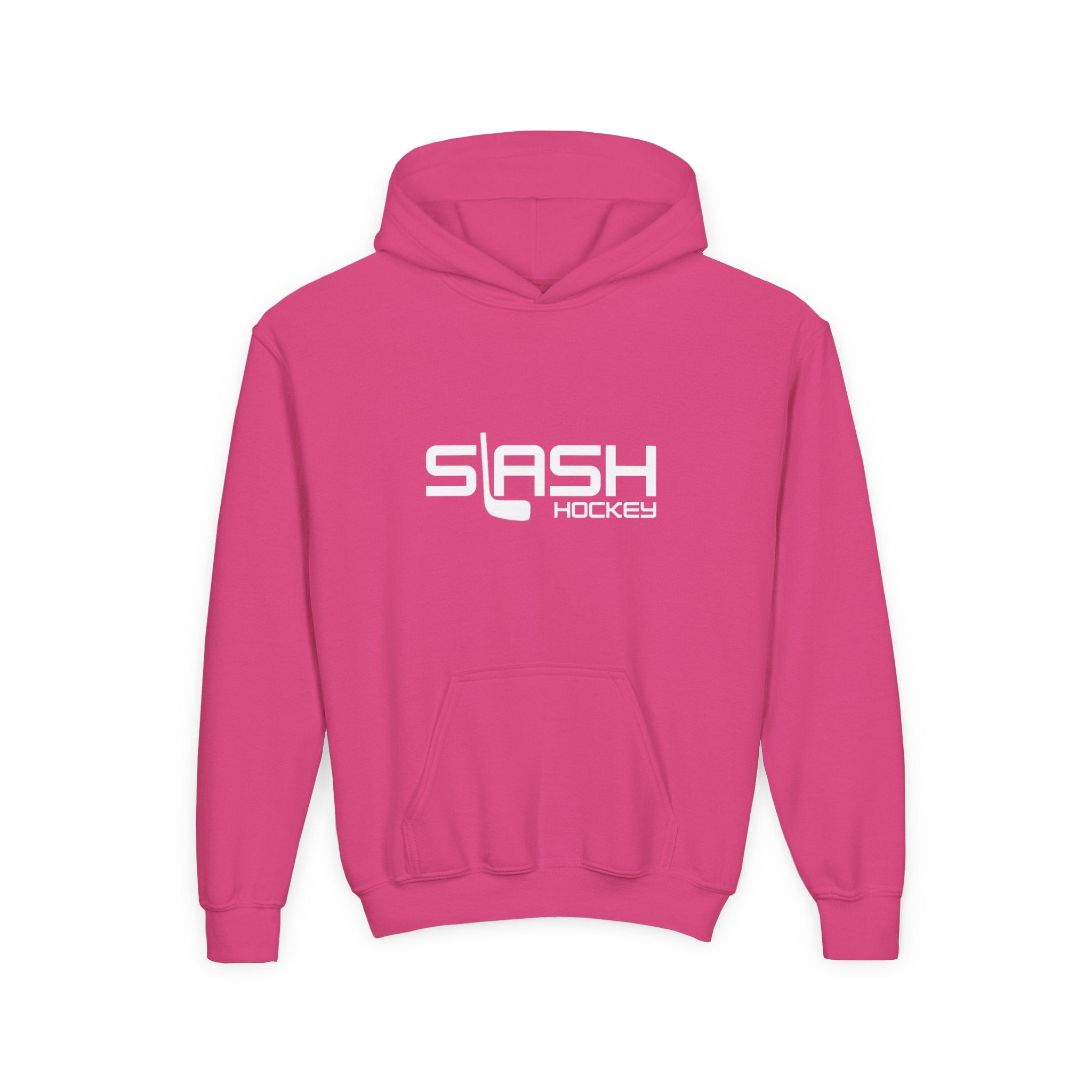 Front view of the Youth Slash Hockey Hoodie in navy with Slash Hockey design.