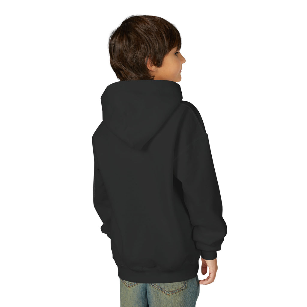 Young male model wearing the black Youth Future Pro USA Hoodie in a casual setting, showcasing the front graphic and relaxed fit.