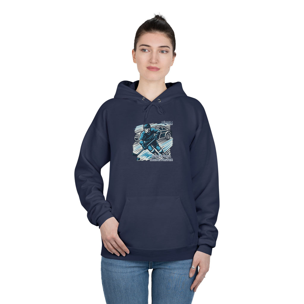 “Skate Fast. Drive Faster. Hockey Hoodie lifestyle photo — model wearing hockey culture hoodie with bold text design, casual fit for rink, travel, or everyday wear.”
