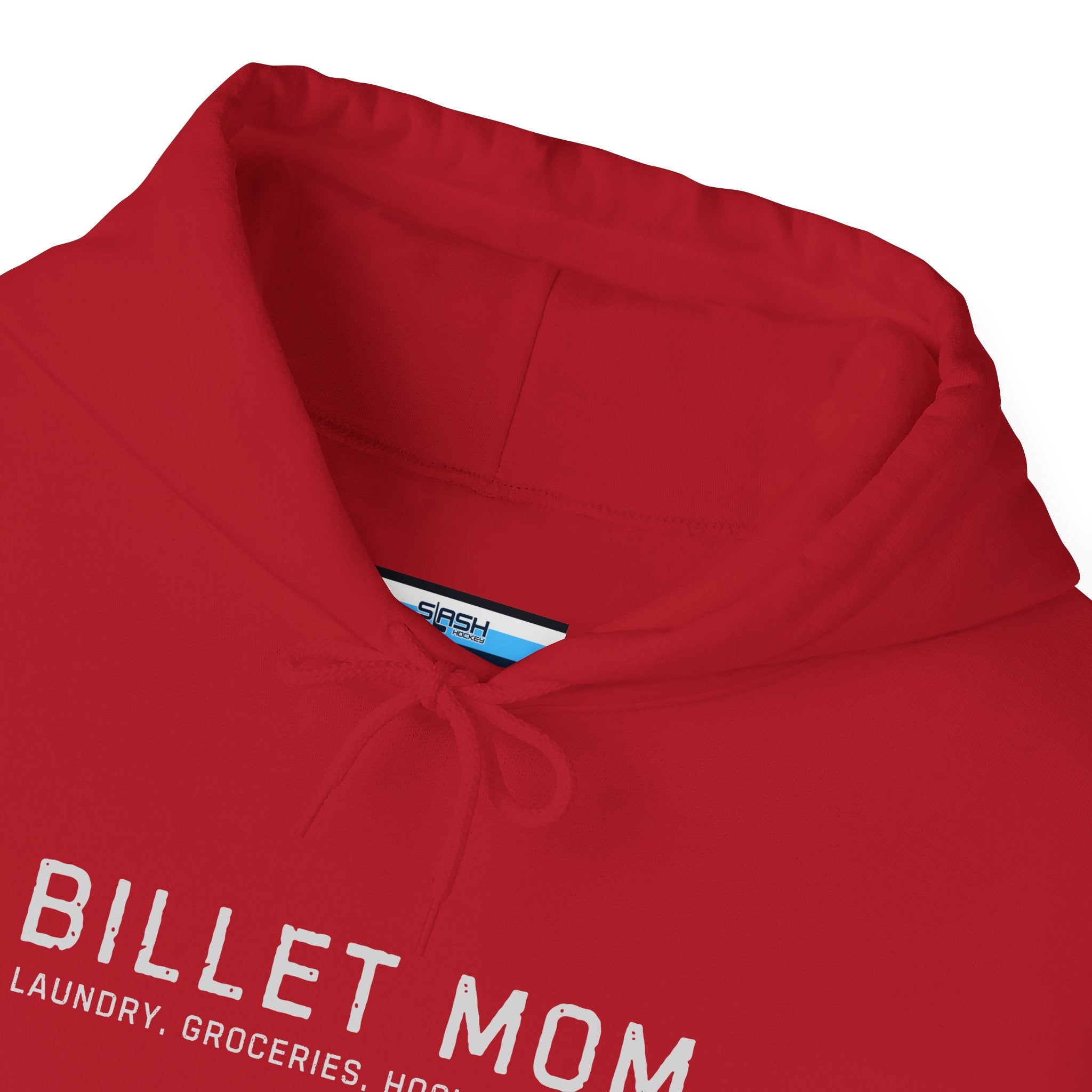 Close-up collar detail of Billet Mom hoodie showing soft cotton blend fabric and printed design
