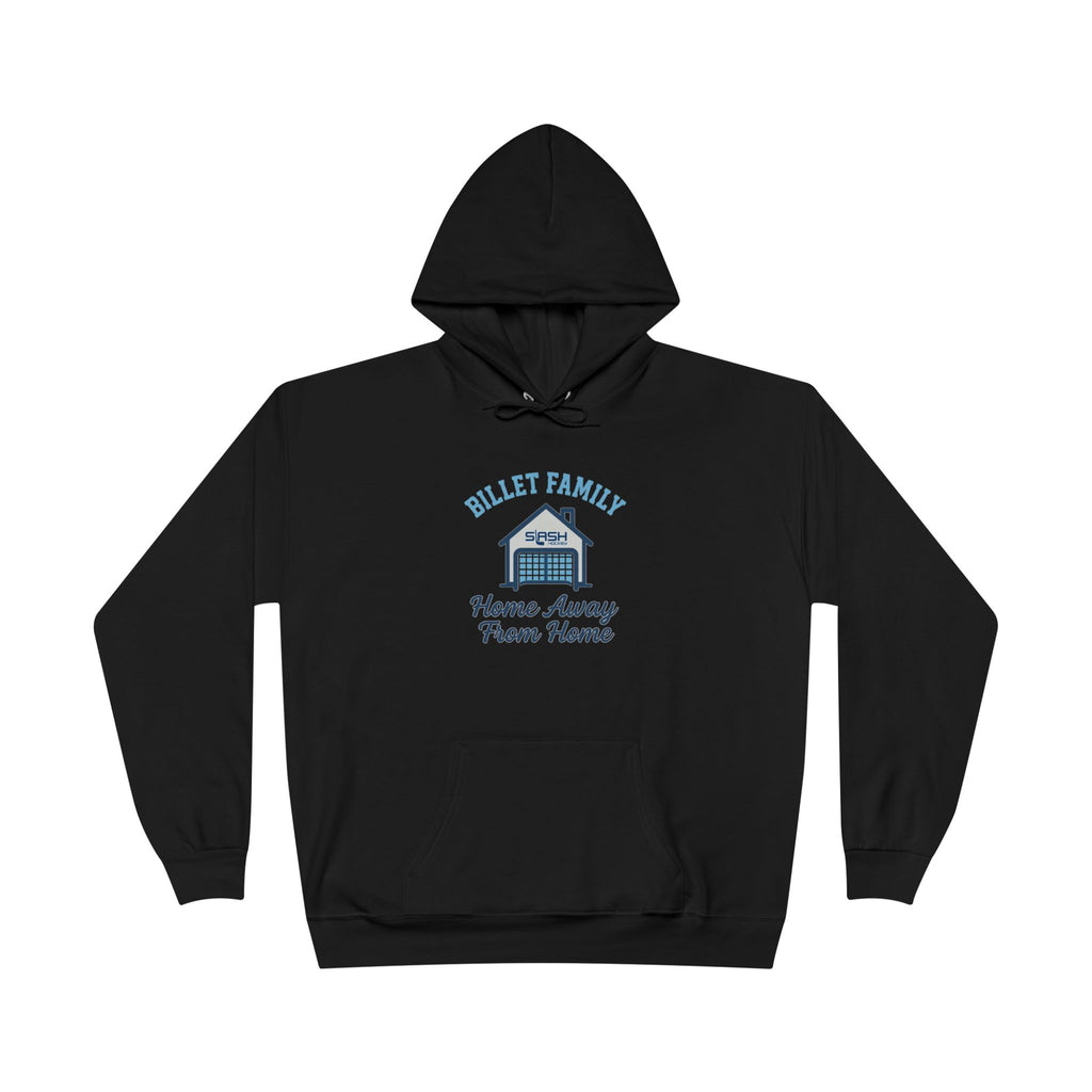 “Billet Family hockey hoodie front view — bold text design celebrating billet families, printed in navy, sky blue, and white on a premium cotton-blend hoodie.”