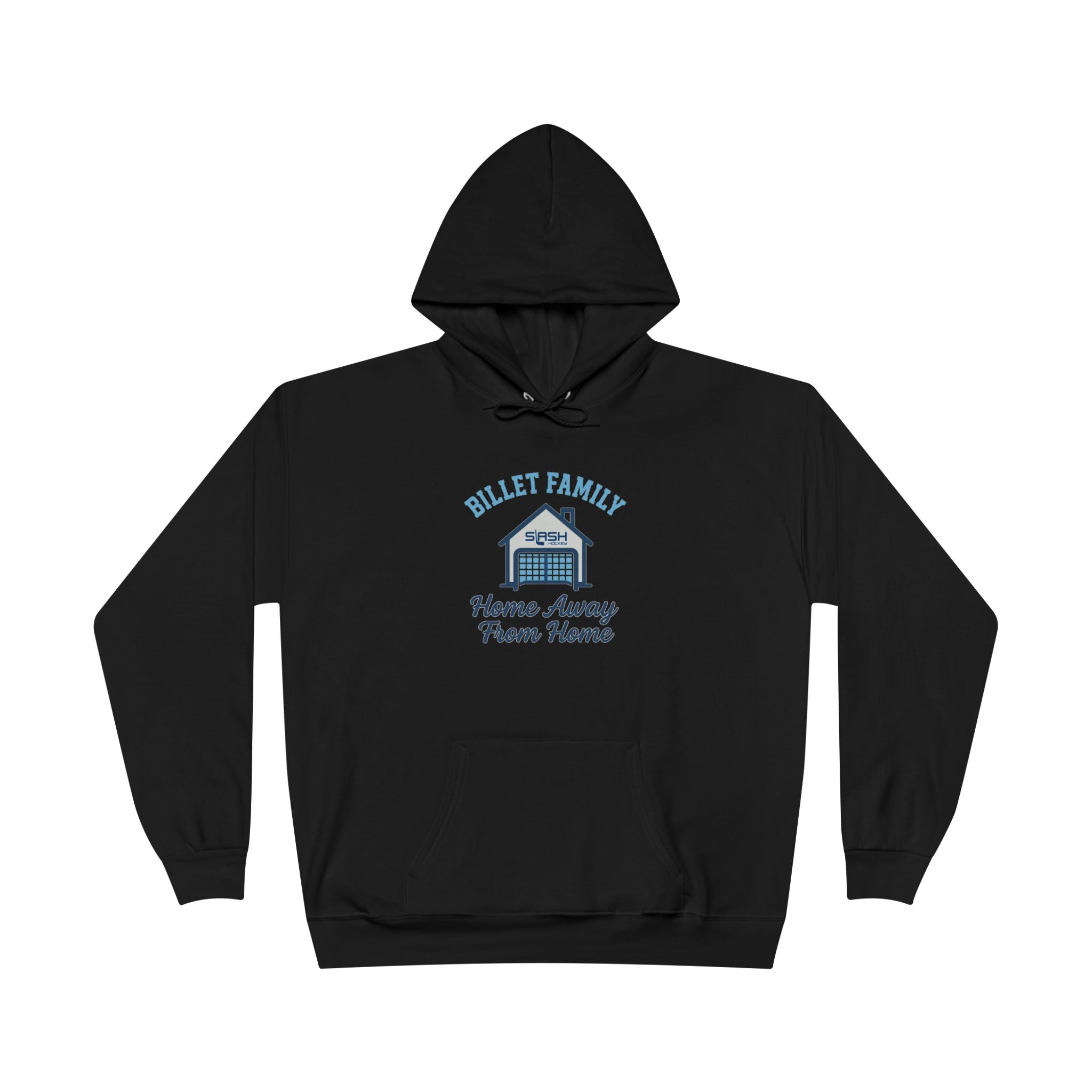 “Billet Family hockey hoodie front view — bold text design celebrating billet families, printed in navy, sky blue, and white on a premium cotton-blend hoodie.”