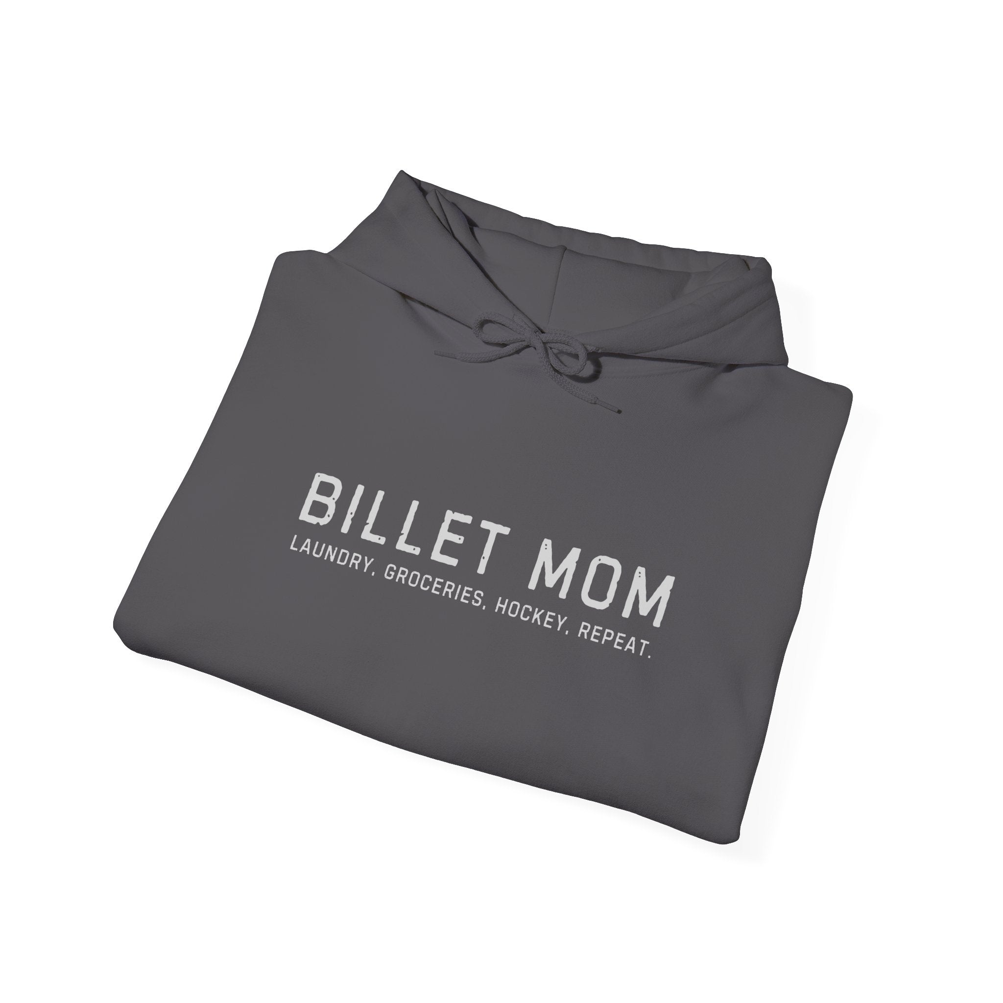 Folded Billet Mom hoodie showing minimalist hockey billet family design