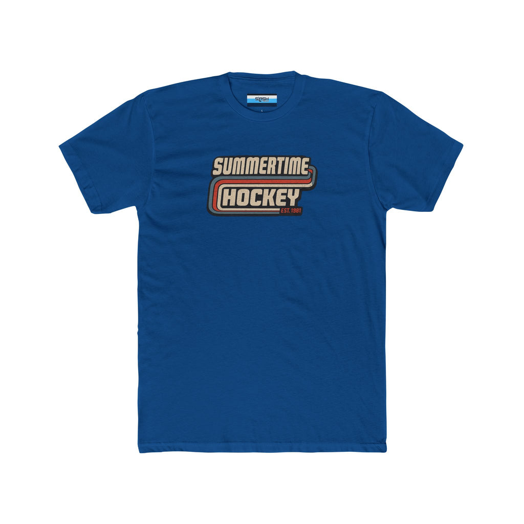 Front of the Summertime Hockey t-shirt featuring a vintage retro hockey graphic with distressed lettering and classic athletic stripes inspired by 1980s hockey apparel.
