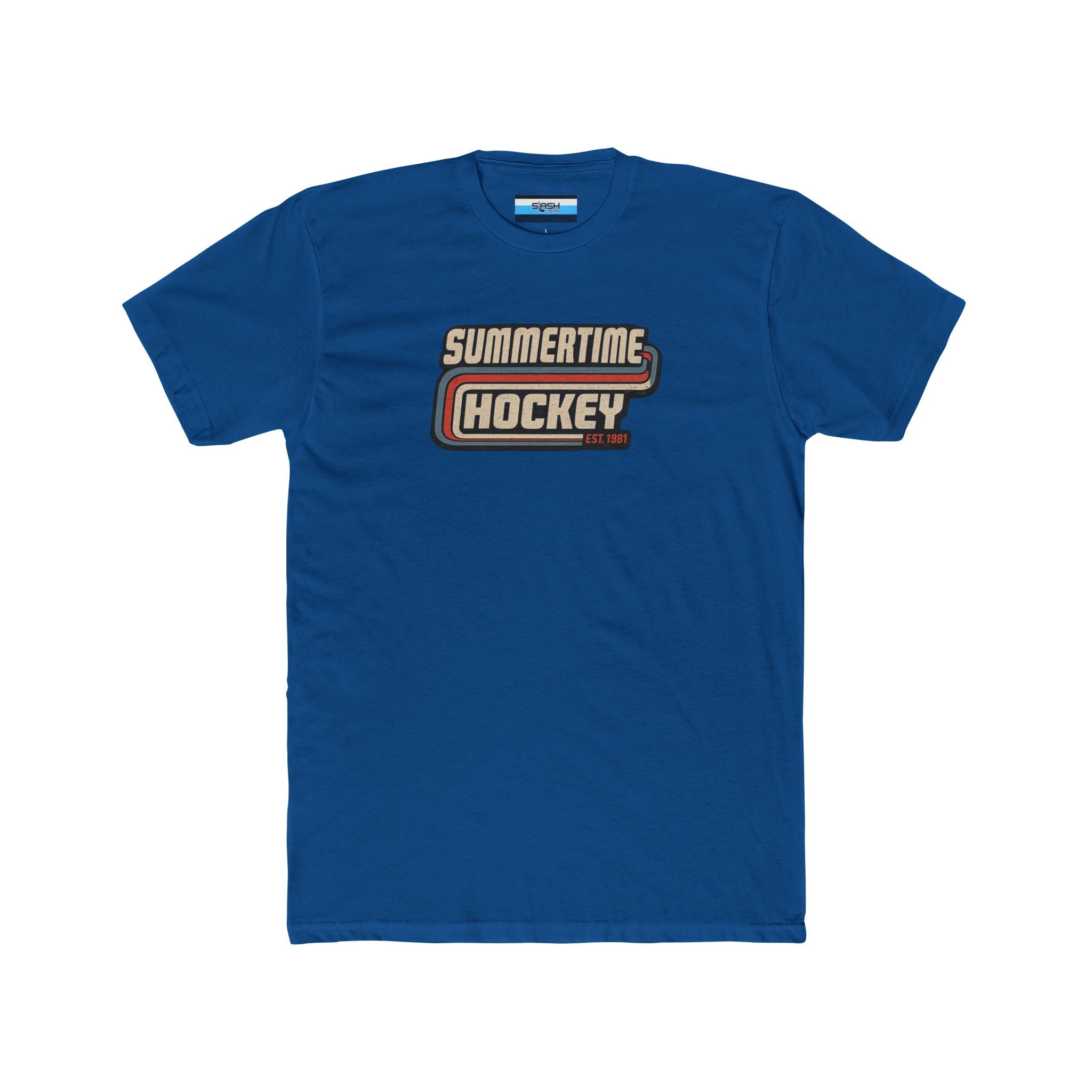 Front of the Summertime Hockey t-shirt featuring a vintage retro hockey graphic with distressed lettering and classic athletic stripes inspired by 1980s hockey apparel.