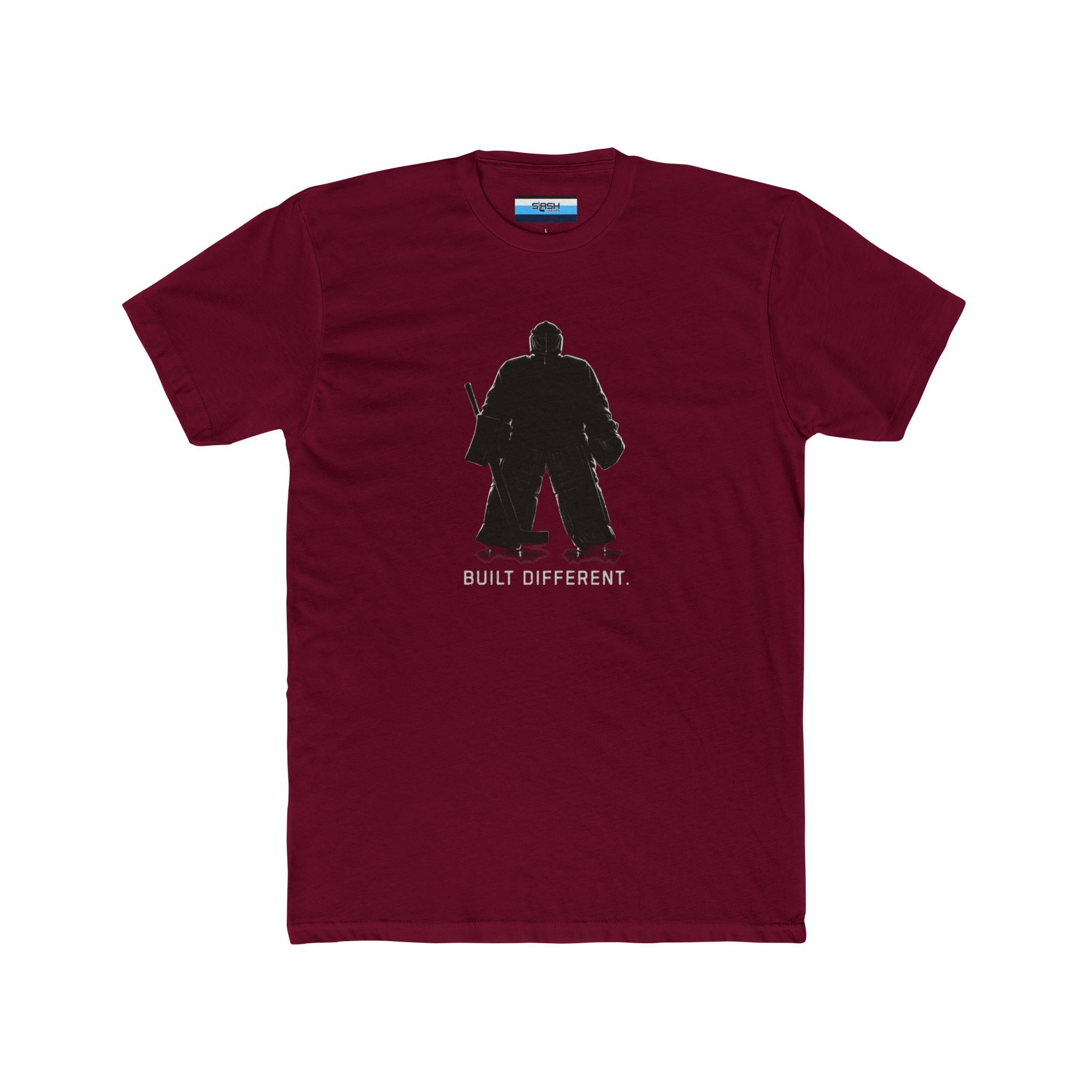 Hockey goalie t-shirt featuring a black standing goalie silhouette with “Built Different” text, designed for hockey goalies and crease mentality apparel.
