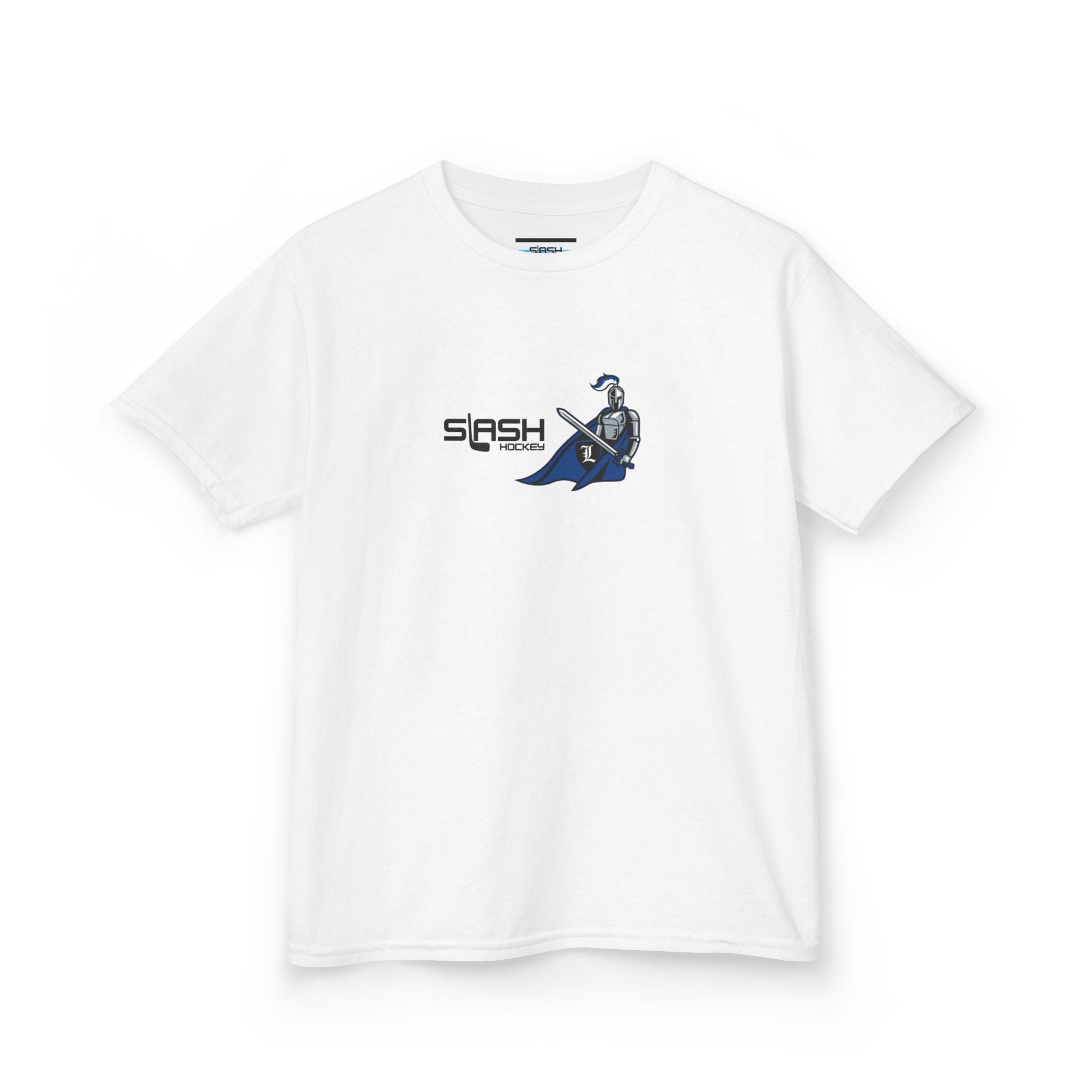Front view of Livonia Hockey Association youth t-shirt, smaller sizing for kids and young players. Team logo printed on chest, casual athletic fit.
