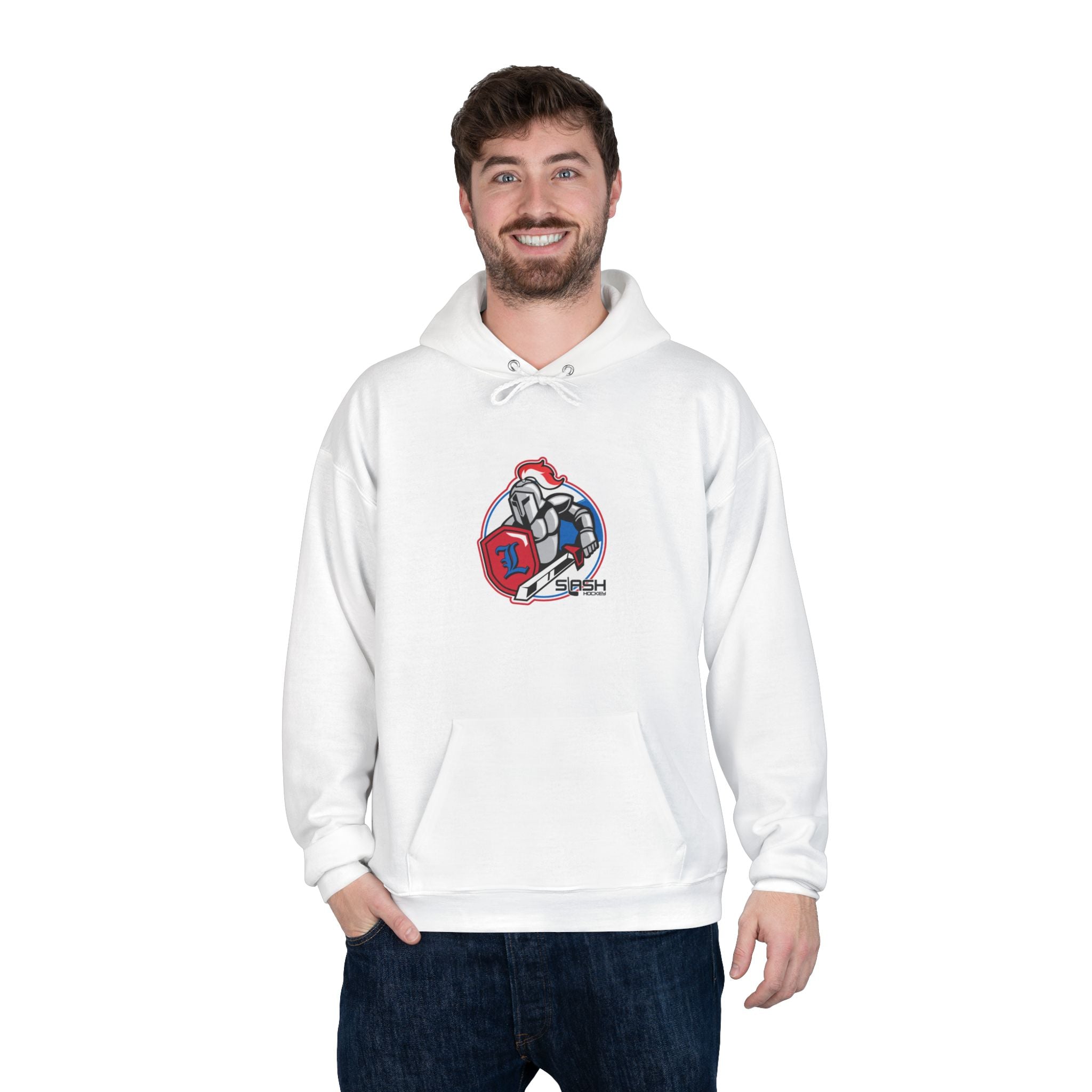 “LHA Hockey Hoodie lifestyle photo — model wearing Livonia Hockey Association hoodie, cozy cotton-blend design for players, parents, and fans on and off the ice.”