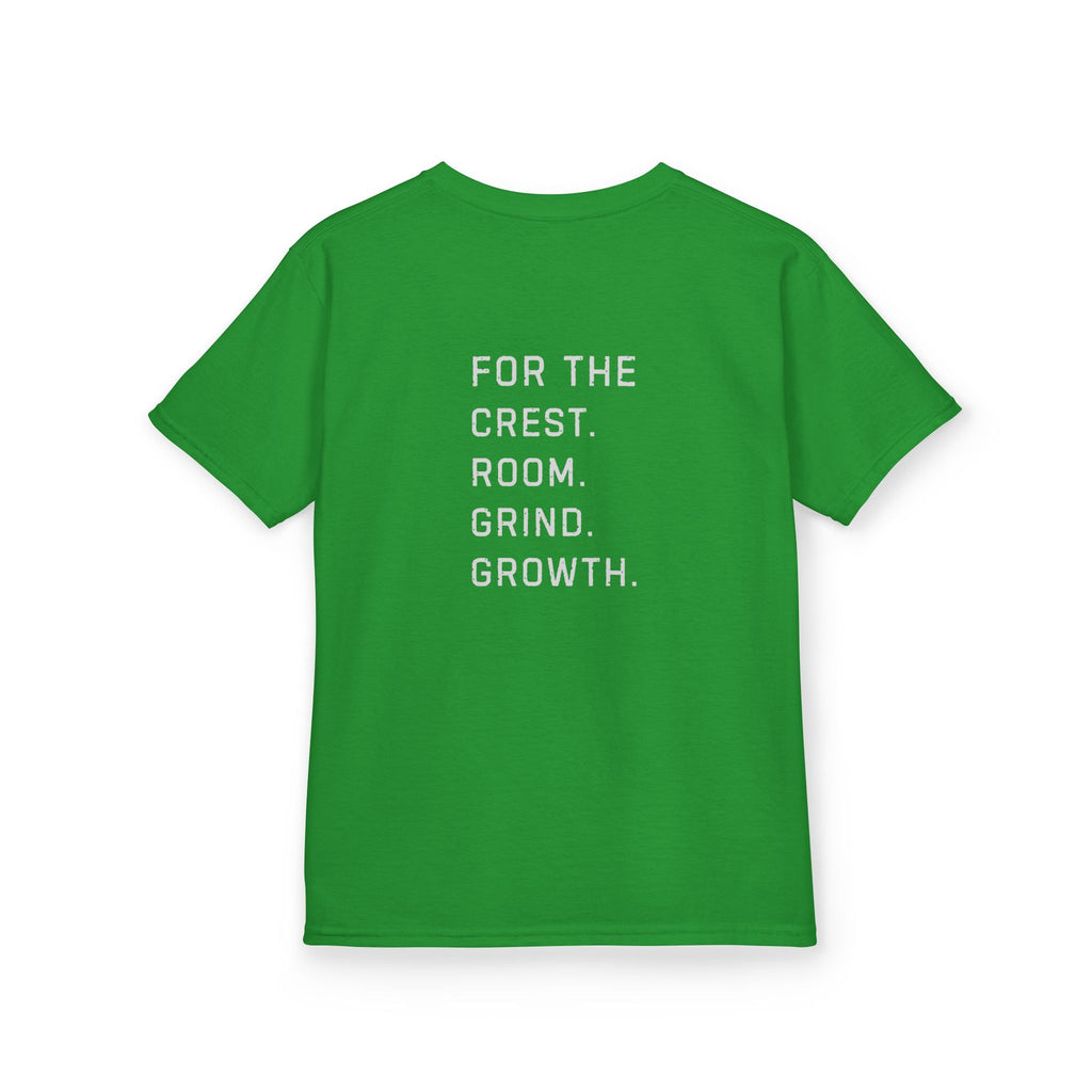 Youth hockey t-shirt back design featuring “For the crest. For the rink. For the grind. For the growth.” message for young hockey players