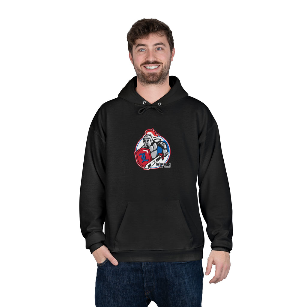 “LHA Hockey Hoodie lifestyle photo — model wearing Livonia Hockey Association hoodie, cozy cotton-blend design for players, parents, and fans on and off the ice.”