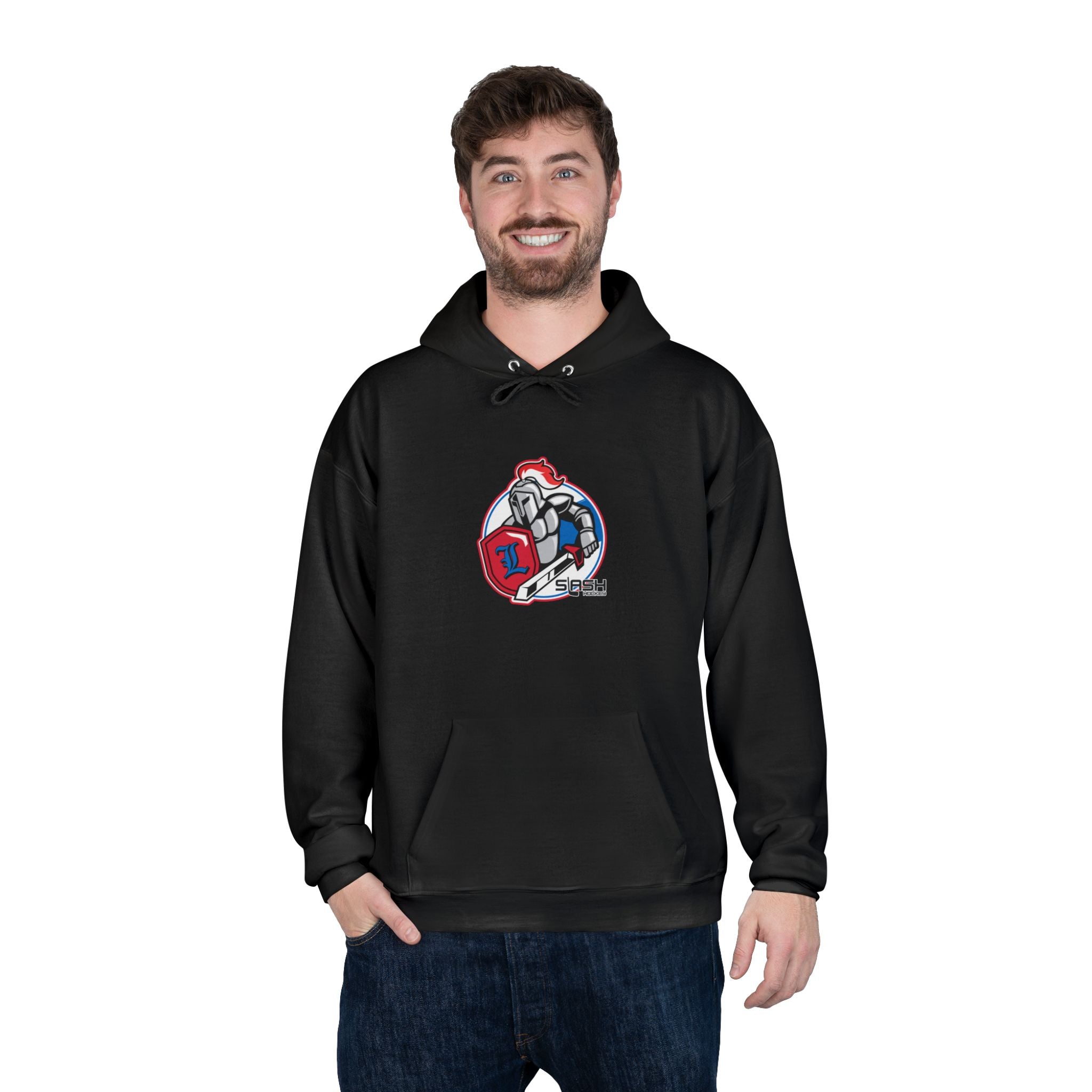 “LHA Hockey Hoodie lifestyle photo — model wearing Livonia Hockey Association hoodie, cozy cotton-blend design for players, parents, and fans on and off the ice.”