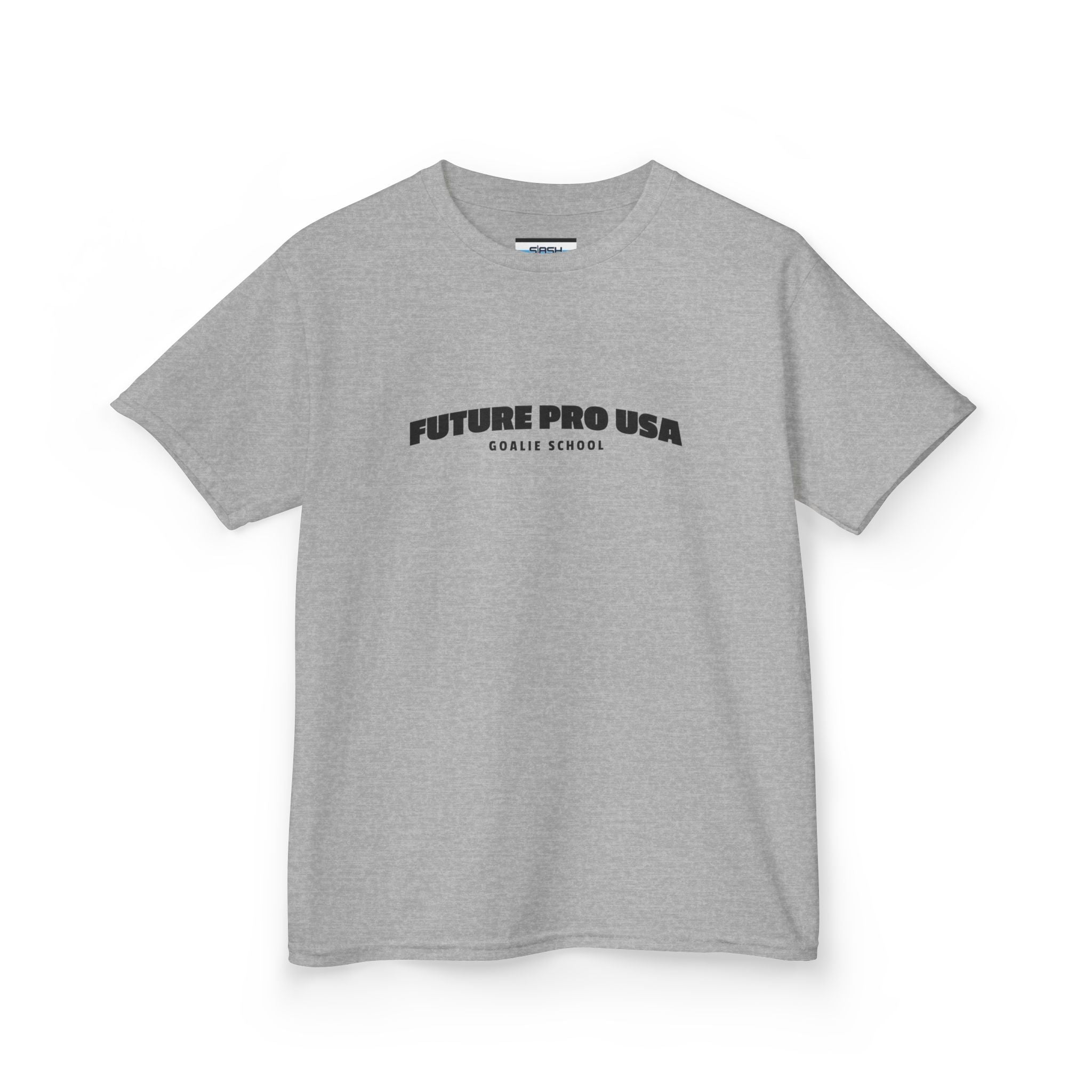 Youth Banner Future Pro USA Goalie School Tee, front view — youth hockey t-shirt featuring a bold banner-style Future Pro USA Goalie School graphic on the chest, clean athletic fit, displayed on a plain background.