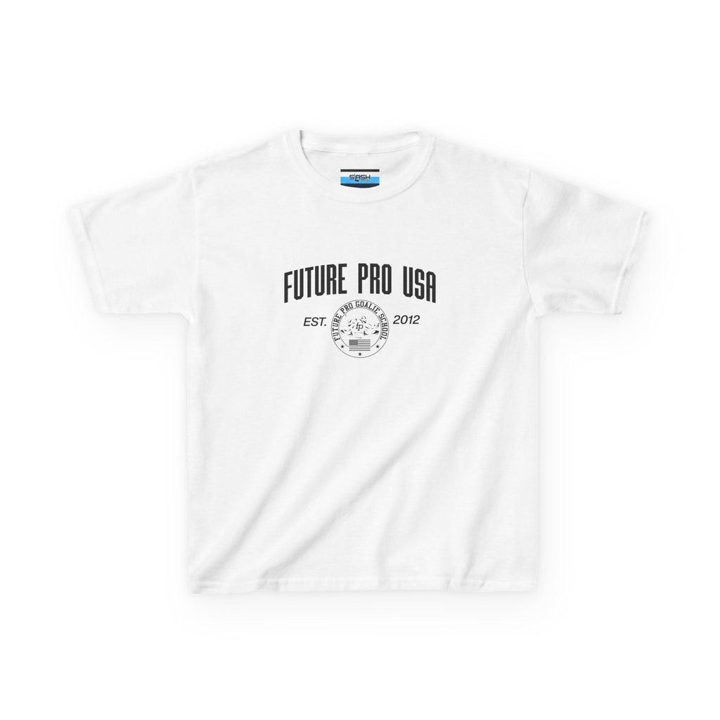 Youth Vintage Future Pro USA Tee, front view — youth hockey t-shirt featuring a retro-style Future Pro USA graphic with a vintage, worn-in look on the chest, athletic fit, displayed on a plain background.