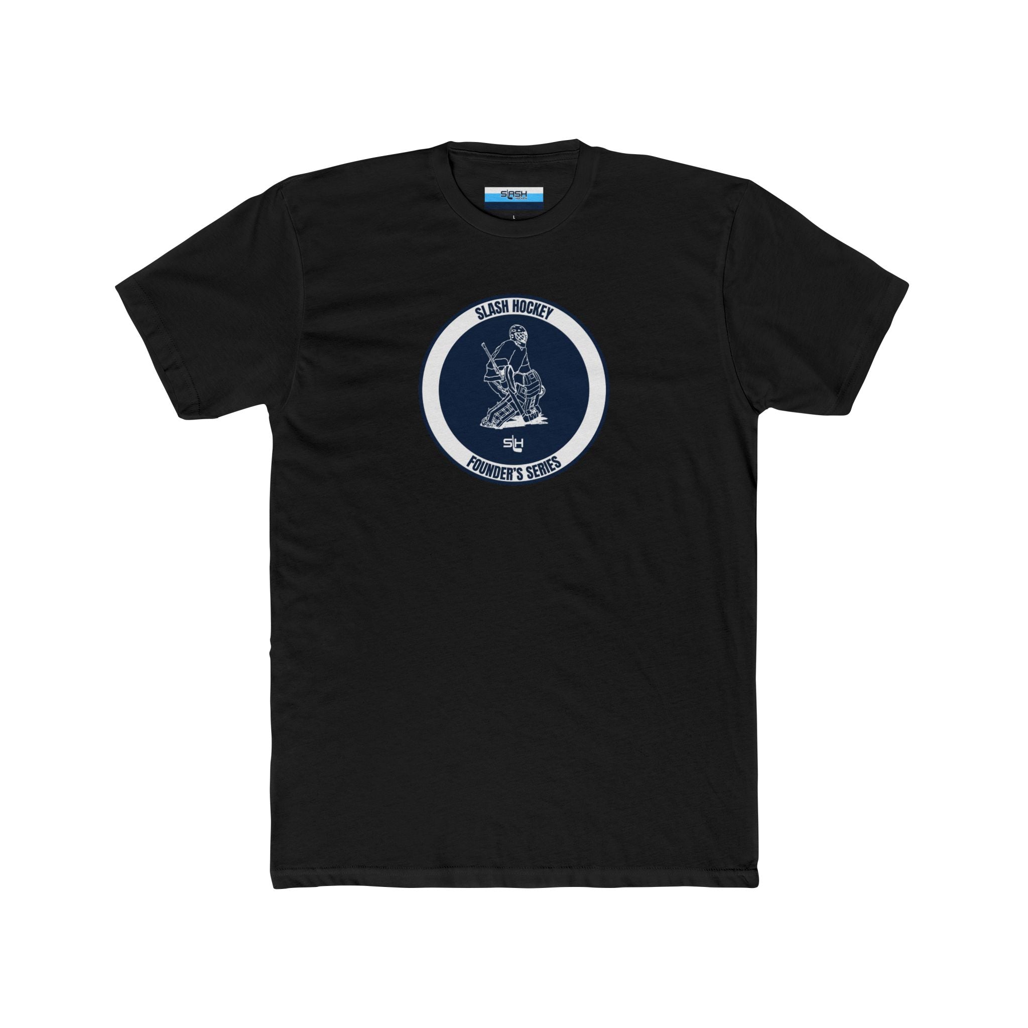 Front view of the Slash Hockey Founder’s Series Retro Goalie Tee featuring the original hand-drawn goalie design in a bold vintage print.
