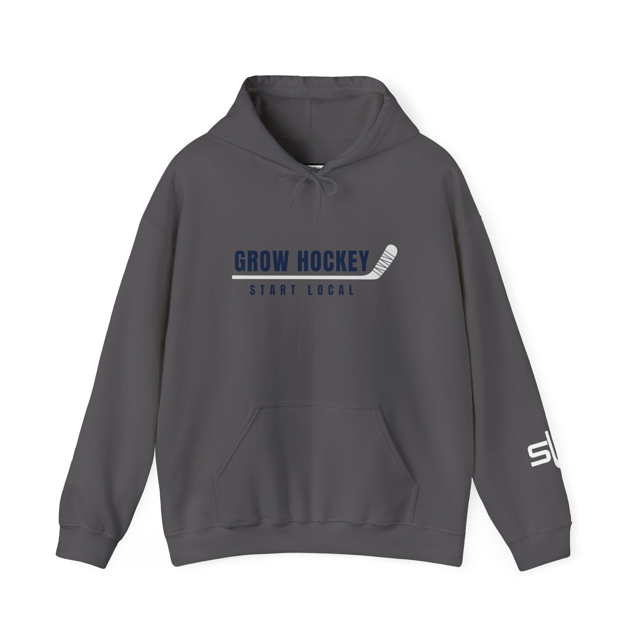 Grow Hockey Start Local hoodie featuring bold GROW HOCKEY text with a taped hockey stick underline and START LOCAL below in clean athletic typography.