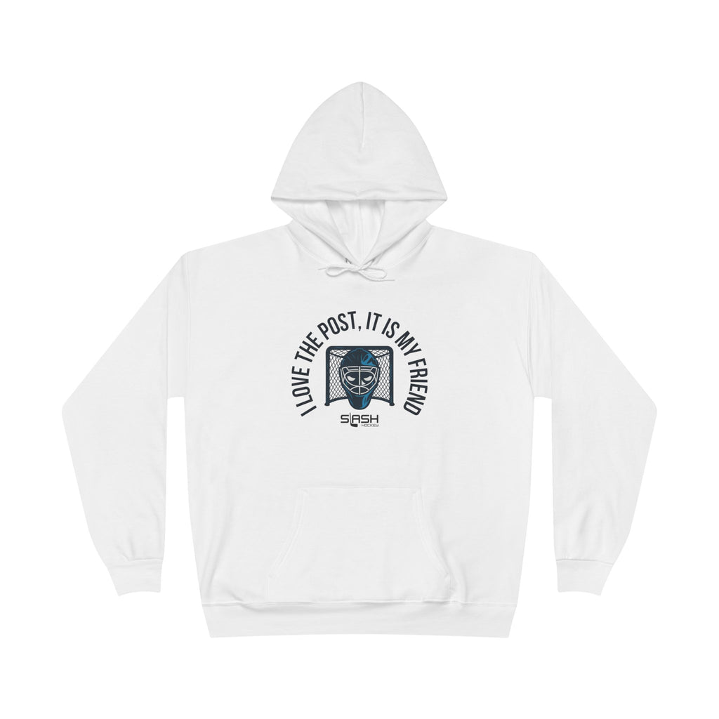 Unisex goalie hoodie in navy with “I love the post, it is my friend” slogan and blended goalie mask/hockey net design on chest.