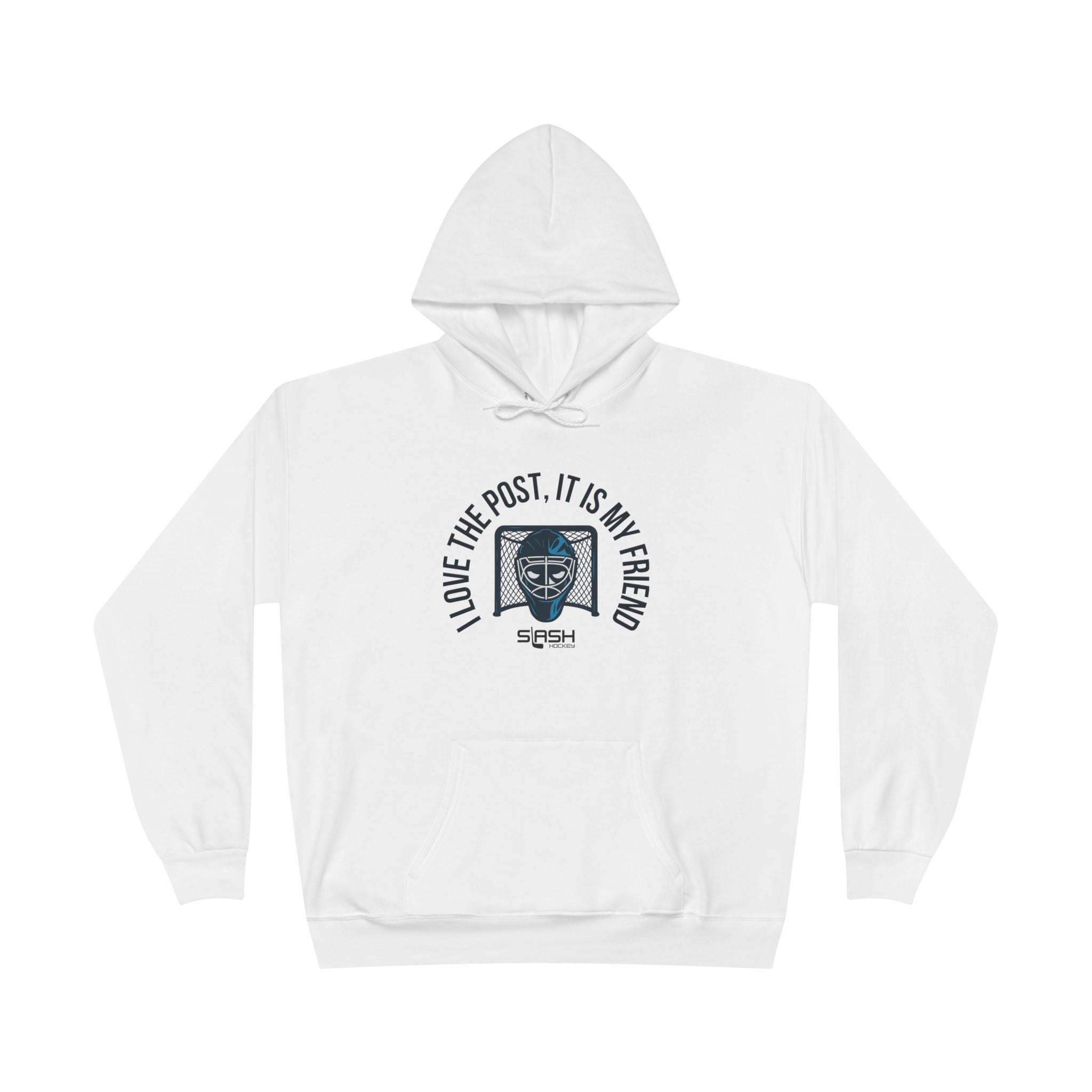 Unisex goalie hoodie in navy with “I love the post, it is my friend” slogan and blended goalie mask/hockey net design on chest.