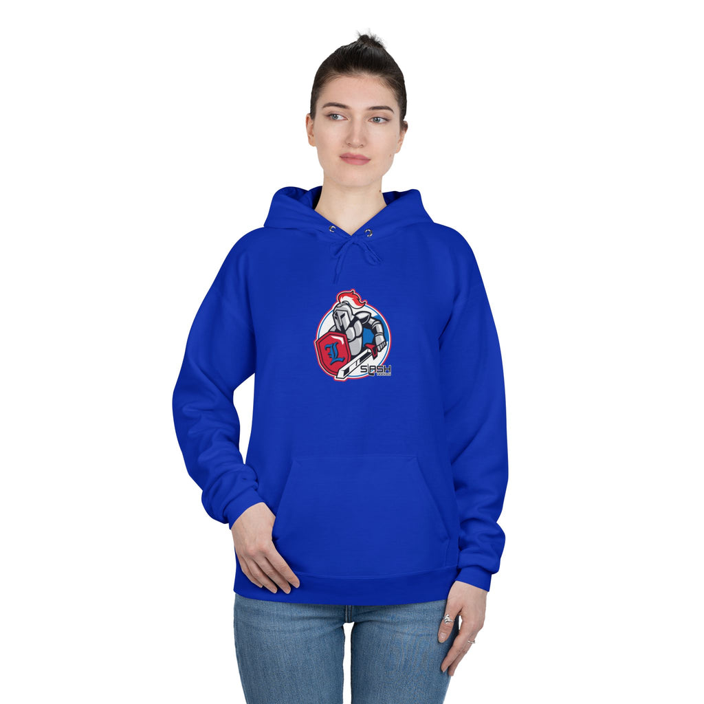 “LHA Hockey Hoodie lifestyle photo — model wearing Livonia Hockey Association hoodie, cozy cotton-blend design for players, parents, and fans on and off the ice.”