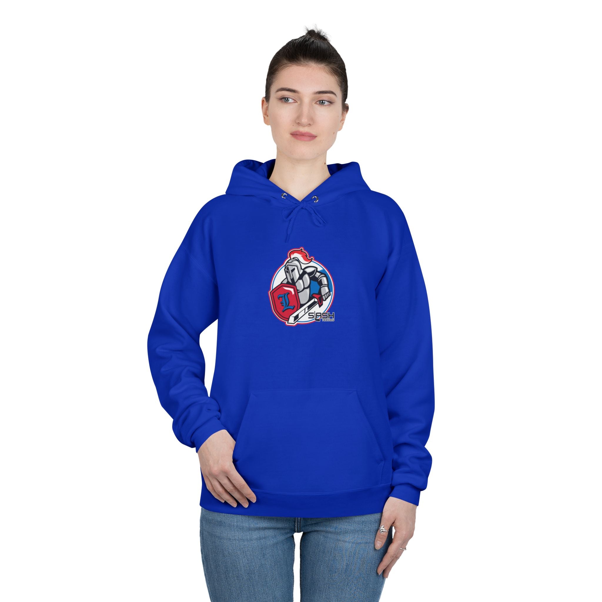 “LHA Hockey Hoodie lifestyle photo — model wearing Livonia Hockey Association hoodie, cozy cotton-blend design for players, parents, and fans on and off the ice.”