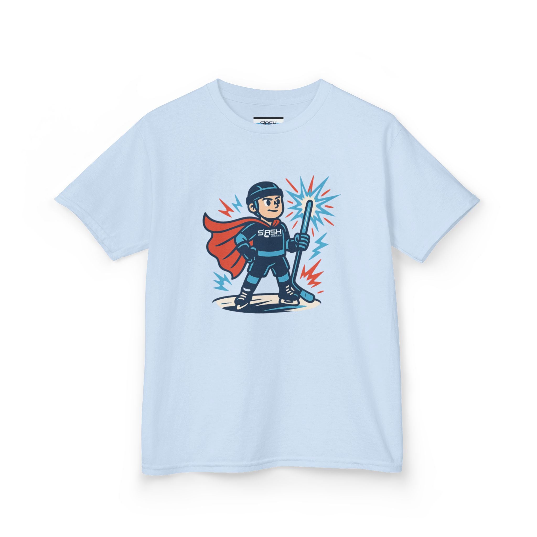 Front view of Slashman Youth Tee hockey t-shirt by Slash Hockey