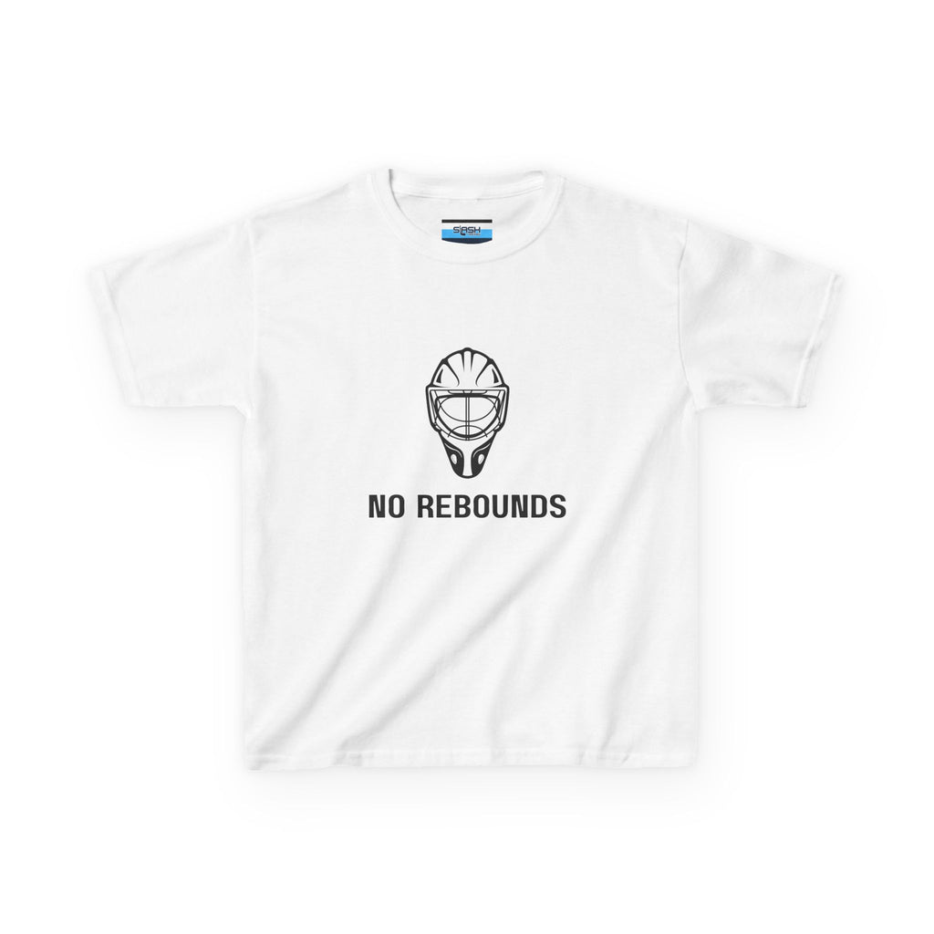 Youth No Rebounds Tee, front view — youth hockey t-shirt featuring a bold goalie-themed “No Rebounds” graphic on the chest, athletic fit, displayed on a plain background.