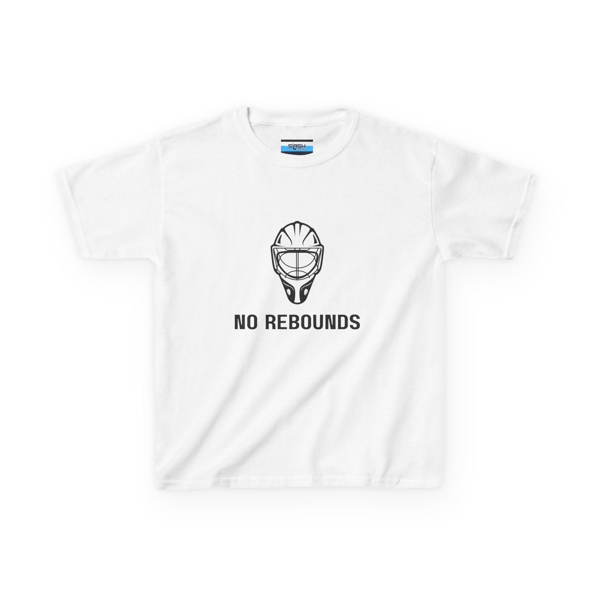 Youth No Rebounds Tee, front view — youth hockey t-shirt featuring a bold goalie-themed “No Rebounds” graphic on the chest, athletic fit, displayed on a plain background.
