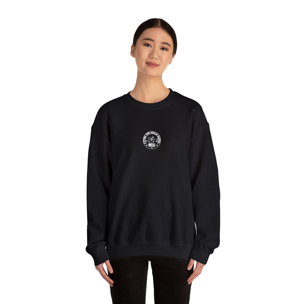 Female model wearing the black Future Pro USA Goalie School Crewneck, showcasing the clean design, understated embroidery, and relaxed unisex fit.