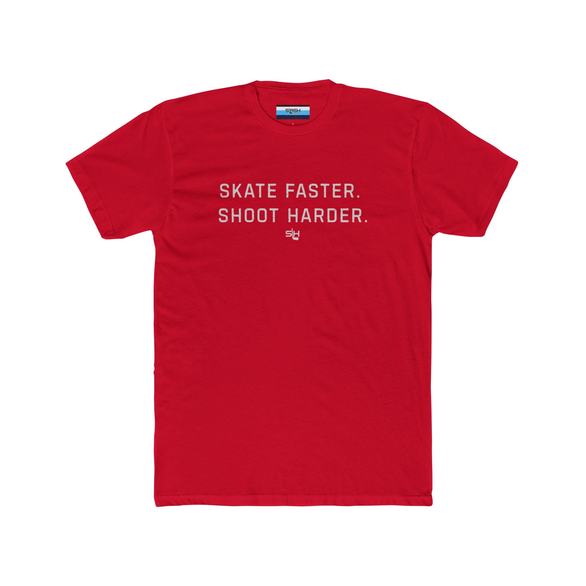 Red Skate Faster Shoot Harder funny hockey t-shirt with bold white lettering on the chest by Slash Hockey.