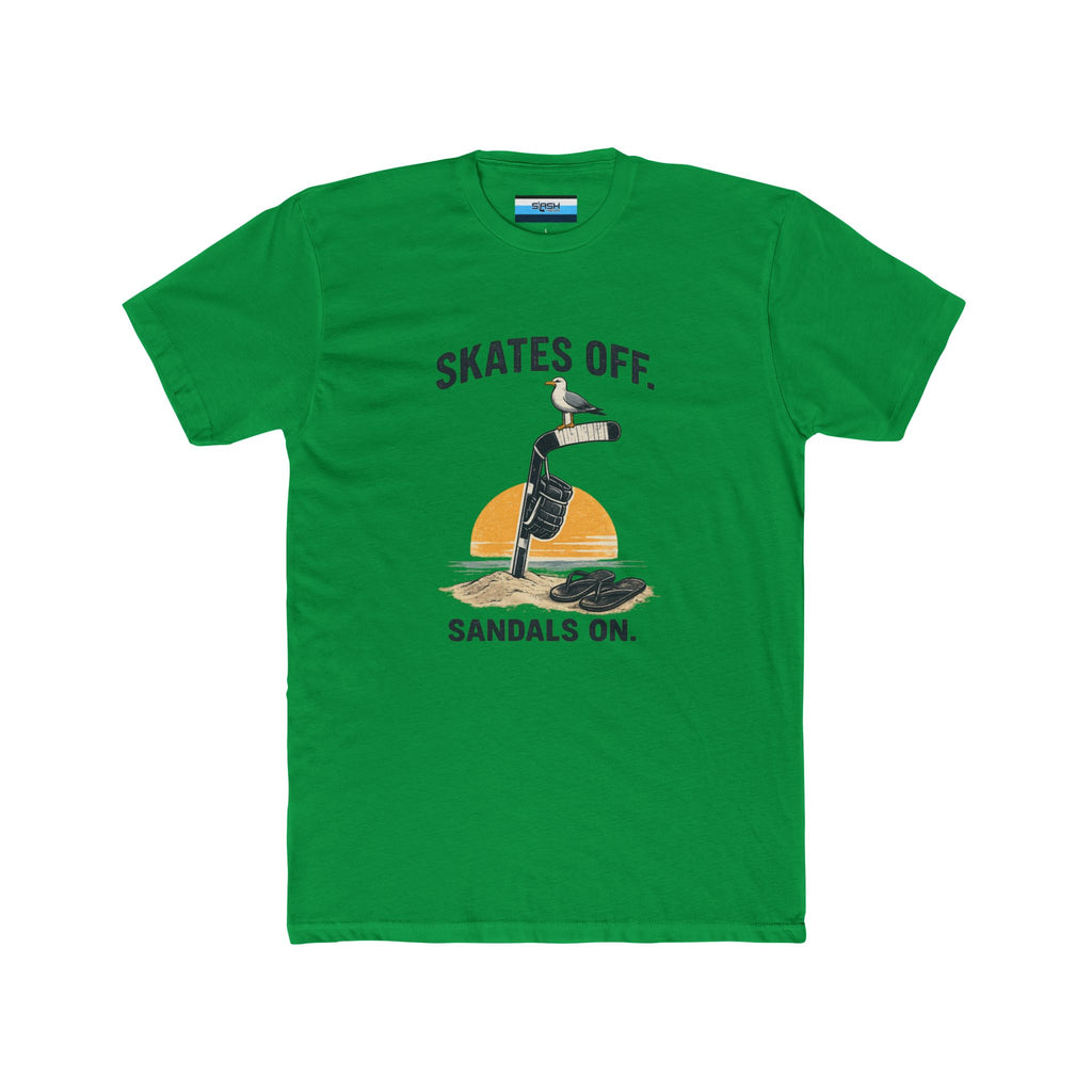 Front view of the Skates Off. Sandals On. hockey t-shirt featuring a vintage beach-inspired graphic with a hockey stick planted in the sand, a hockey glove hanging from the shaft, a seagull perched on the blade, flip-flops resting nearby, and a sunset backdrop. Bold text reads "SKATES OFF." above the design and "SANDALS ON." below.