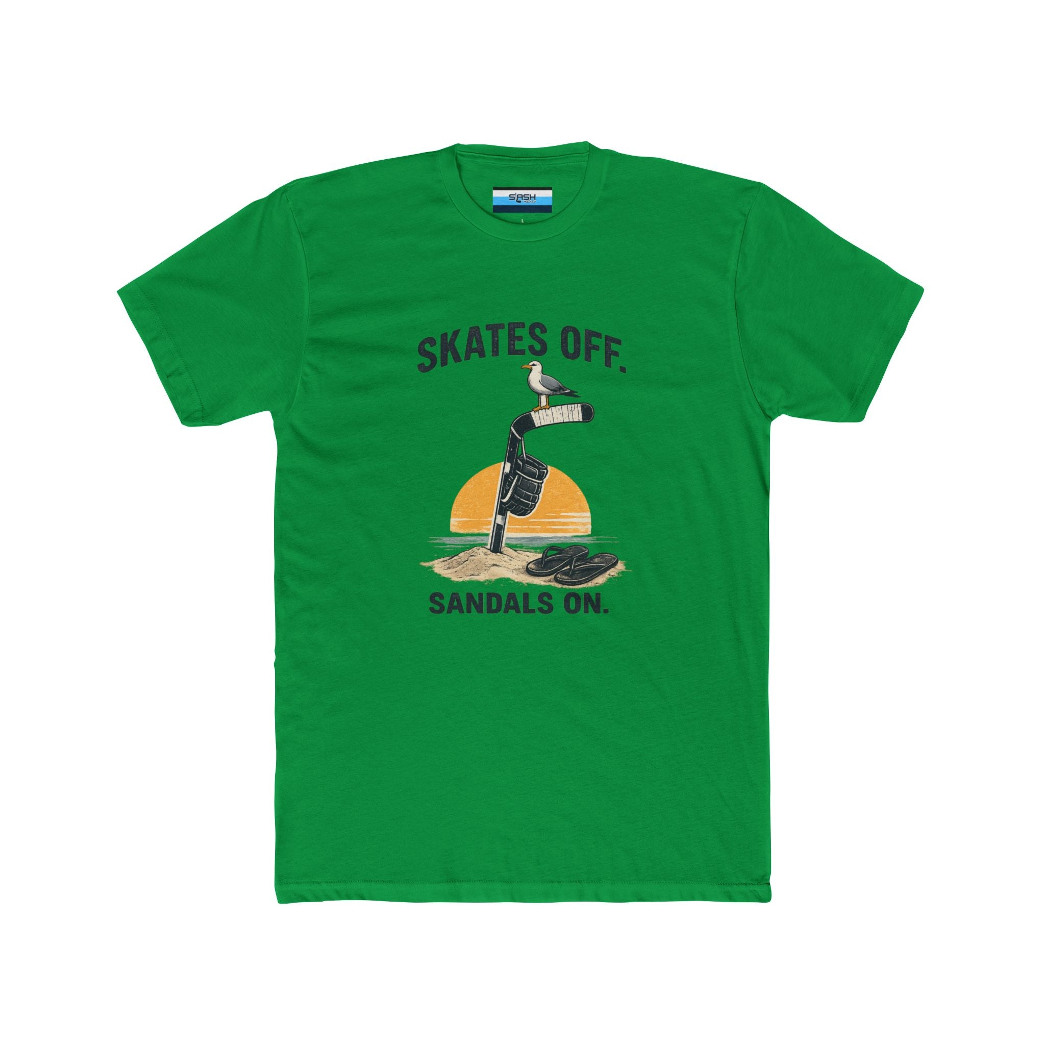 Front view of the Skates Off. Sandals On. hockey t-shirt featuring a vintage beach-inspired graphic with a hockey stick planted in the sand, a hockey glove hanging from the shaft, a seagull perched on the blade, flip-flops resting nearby, and a sunset backdrop. Bold text reads "SKATES OFF." above the design and "SANDALS ON." below.