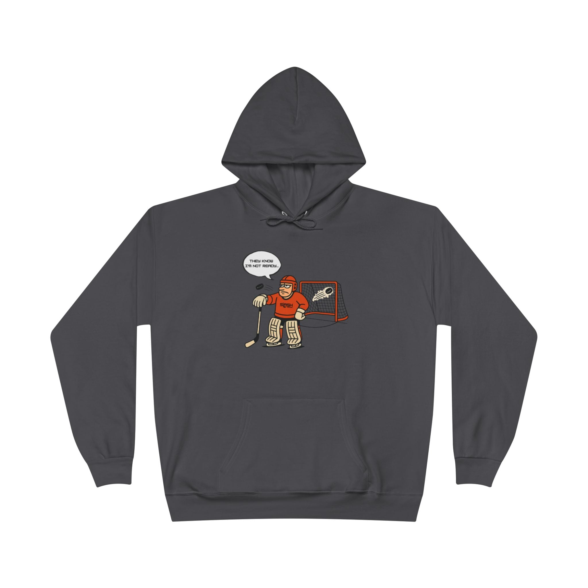 “Mad Goalie Hockey Hoodie front view — bold graphic design featuring angry goalie mask illustration with distressed text, printed in navy, sky blue, and white on premium cotton-blend hoodie.”