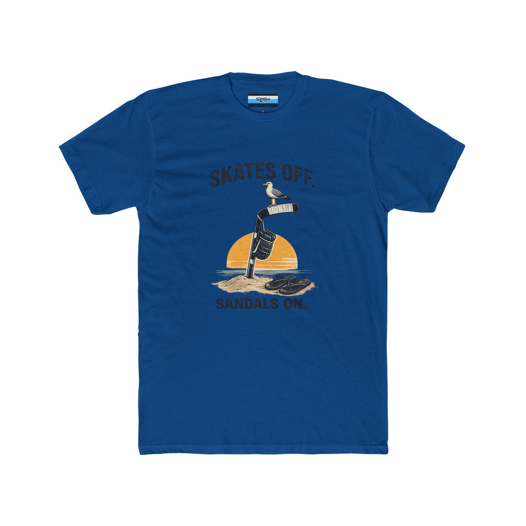 Front view of the Skates Off. Sandals On. hockey t-shirt featuring a vintage beach-inspired graphic with a hockey stick planted in the sand, a hockey glove hanging from the shaft, a seagull perched on the blade, flip-flops resting nearby, and a sunset backdrop. Bold text reads "SKATES OFF." above the design and "SANDALS ON." below.