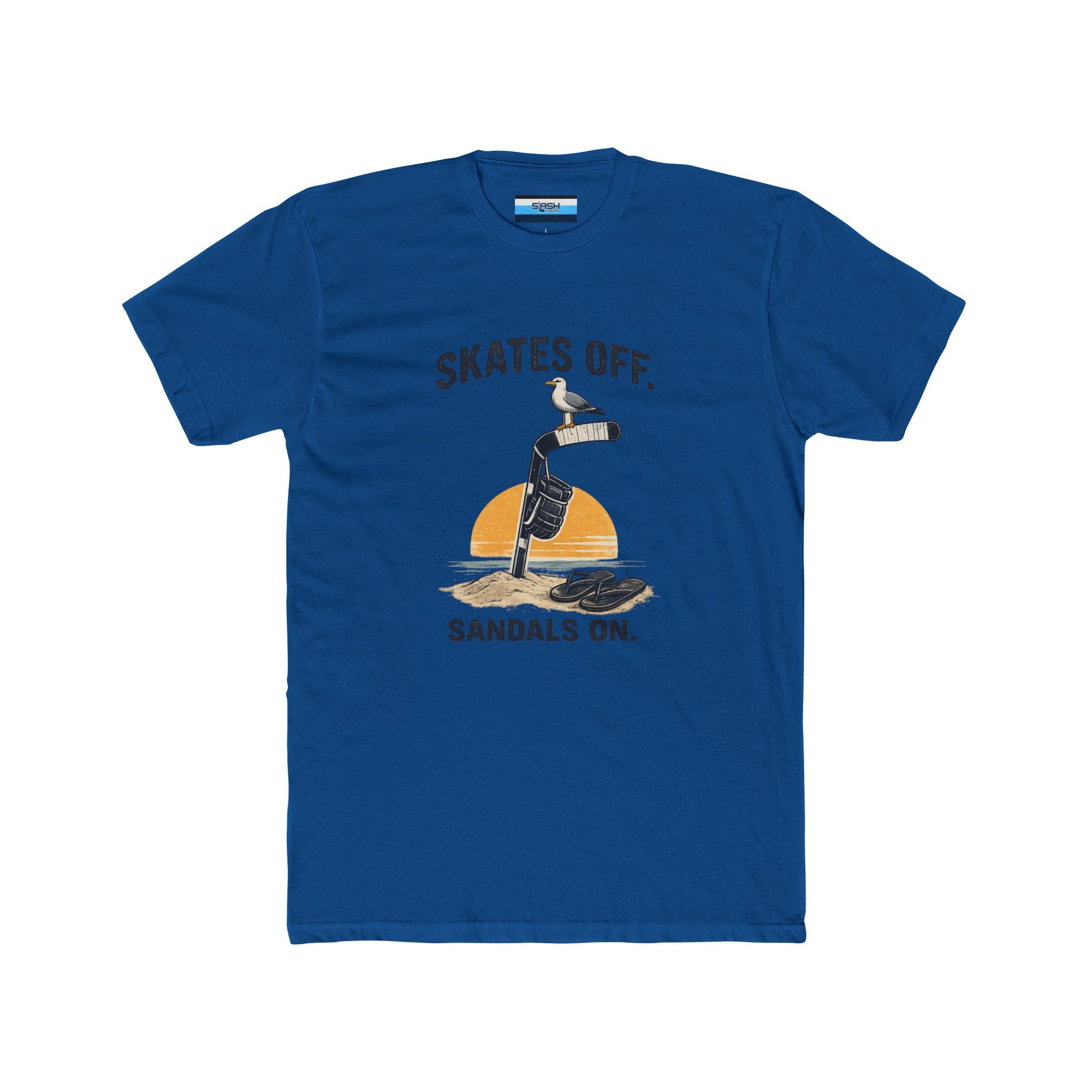 Front view of the Skates Off. Sandals On. hockey t-shirt featuring a vintage beach-inspired graphic with a hockey stick planted in the sand, a hockey glove hanging from the shaft, a seagull perched on the blade, flip-flops resting nearby, and a sunset backdrop. Bold text reads "SKATES OFF." above the design and "SANDALS ON." below.