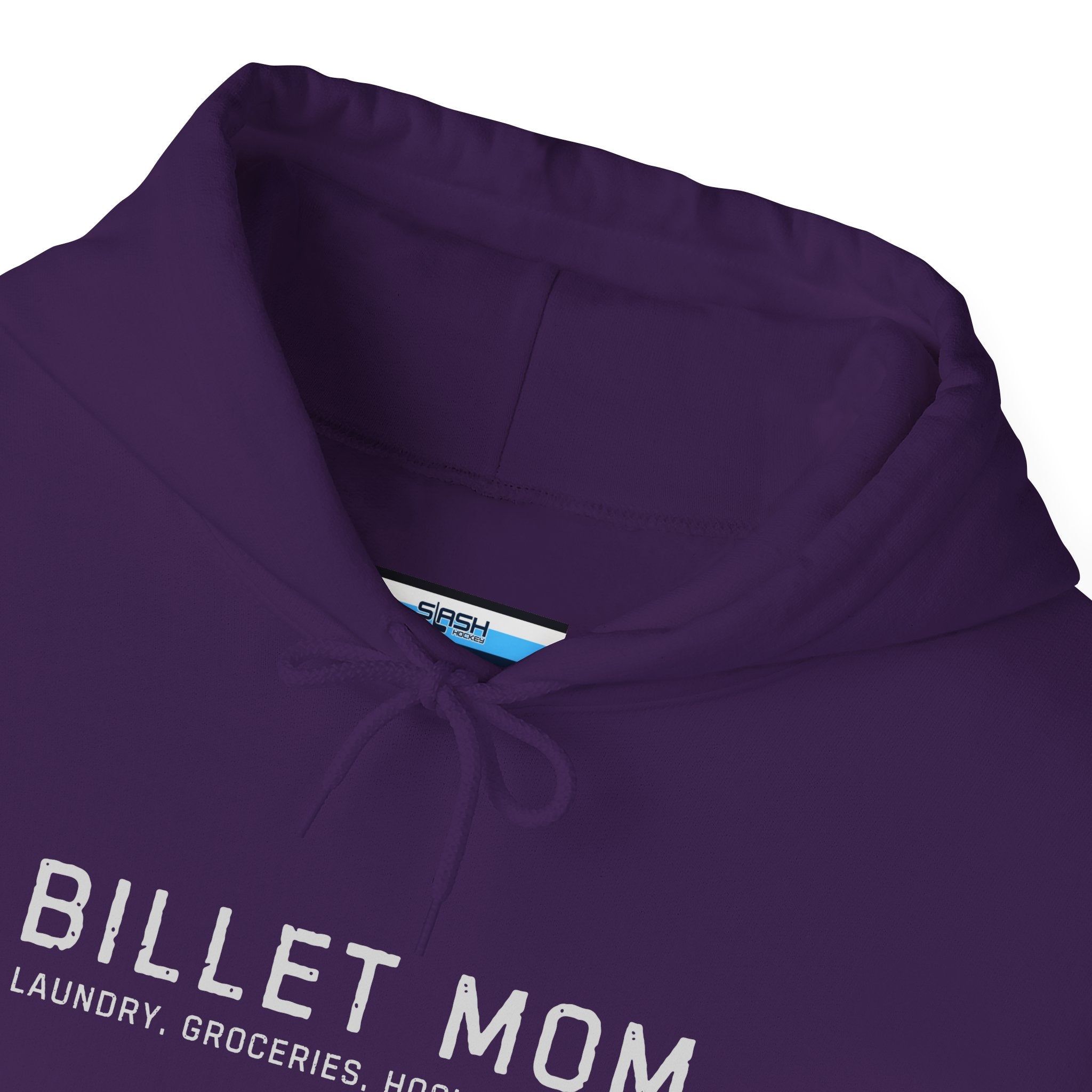Close-up collar detail of Billet Mom hoodie showing soft cotton blend fabric and printed design