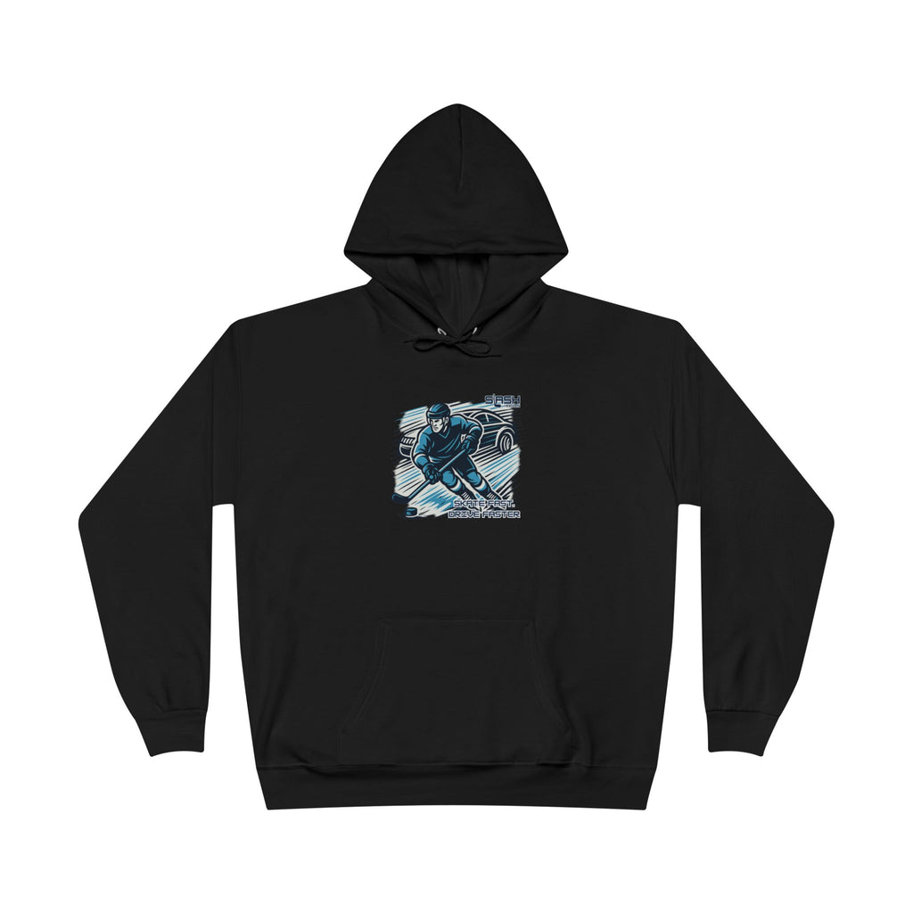 “Skate Fast. Drive Faster. Hockey Hoodie front view — bold text design with distressed varsity-style lettering in navy, sky blue, and white, printed on premium cotton-blend hoodie.”