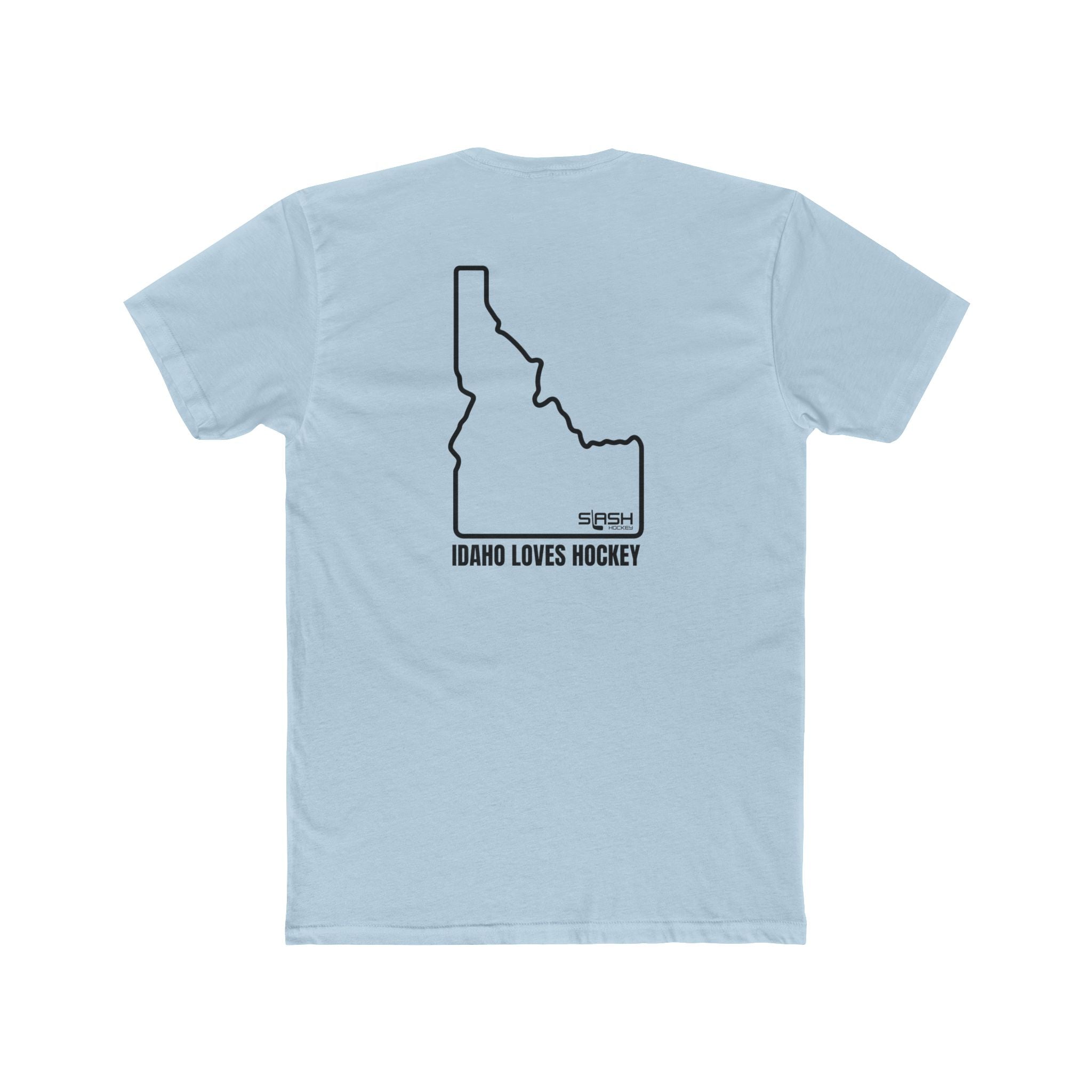 Back view of the Idaho Loves Hockey t-shirt showing the state of Idaho, Idaho Loves Hockey, and the Slash Hockey logo. 