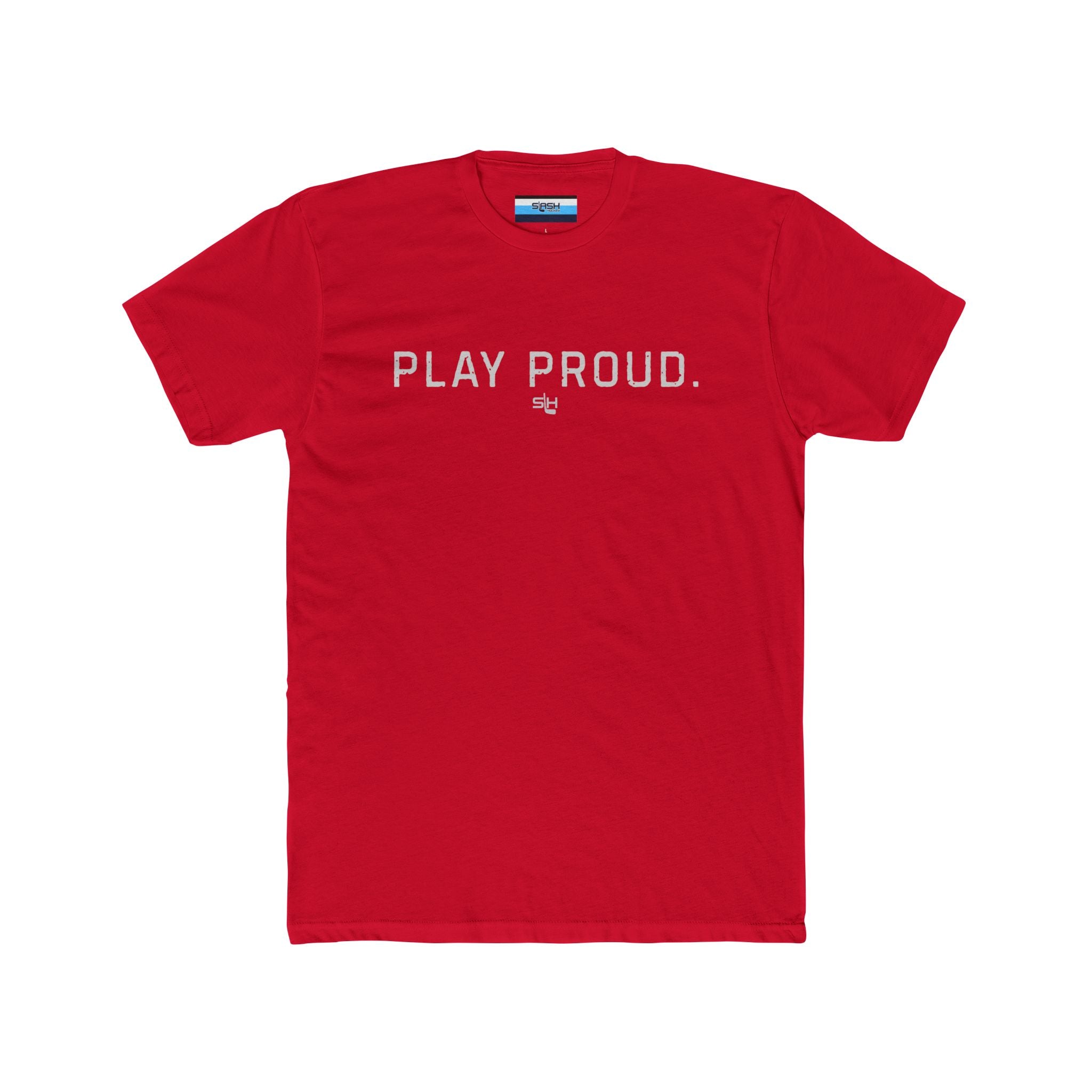 Play Proud hockey t-shirt front design featuring bold athletic block lettering 