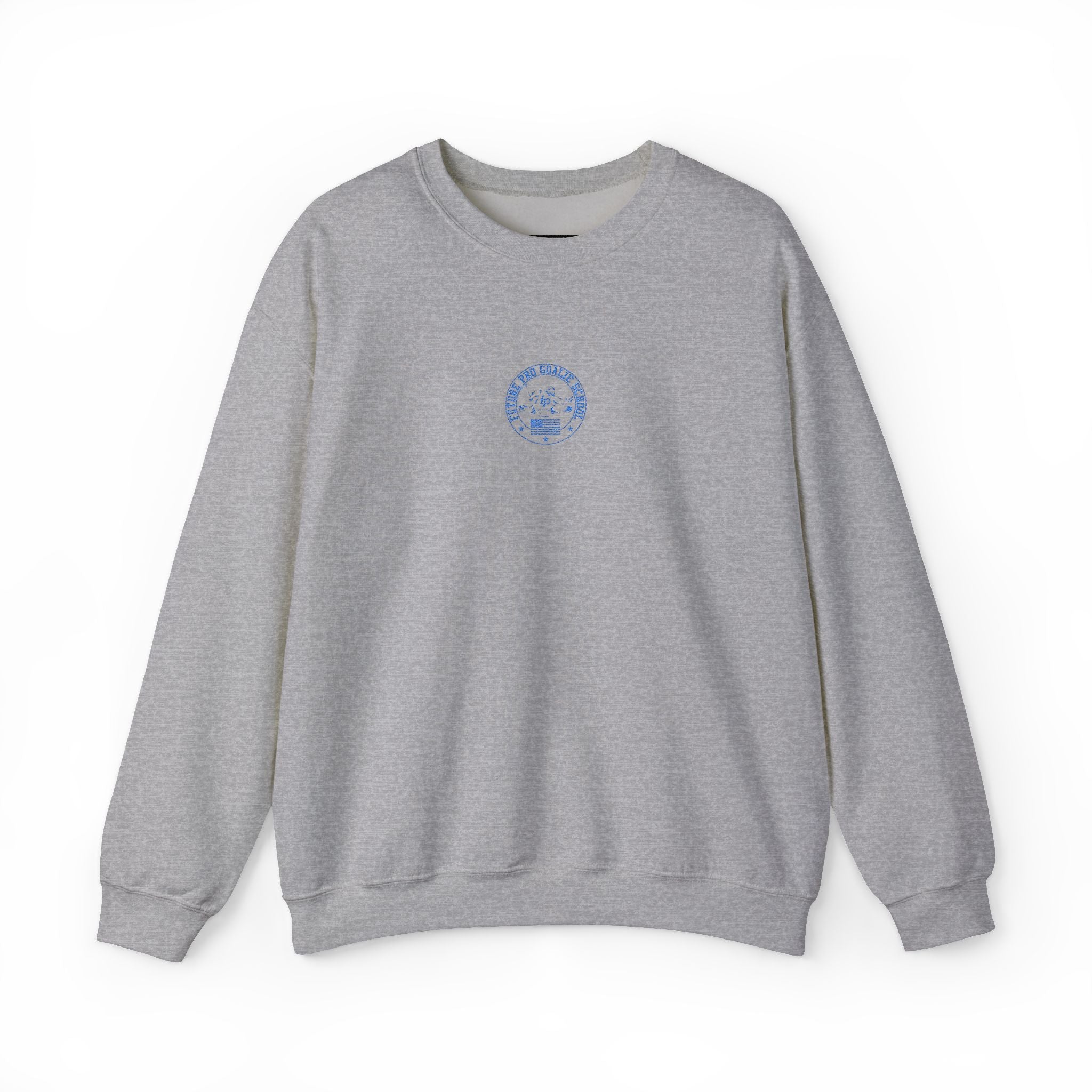 Front view of the grey Future Pro USA Goalie School Crewneck featuring a subtle embroidered left-chest emblem and ribbed collar, cuffs, and hem.