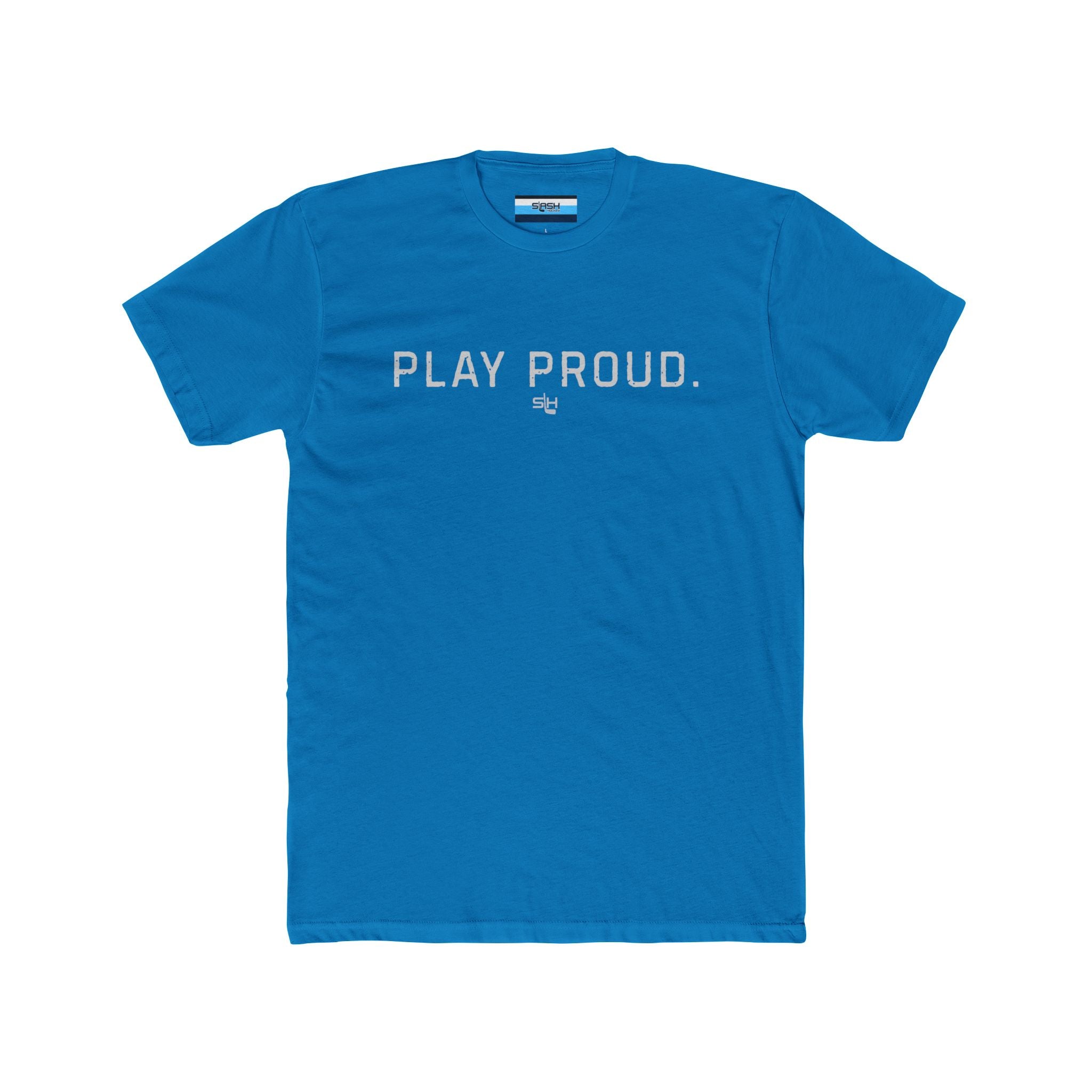 Play Proud hockey t-shirt front design featuring bold athletic block lettering 