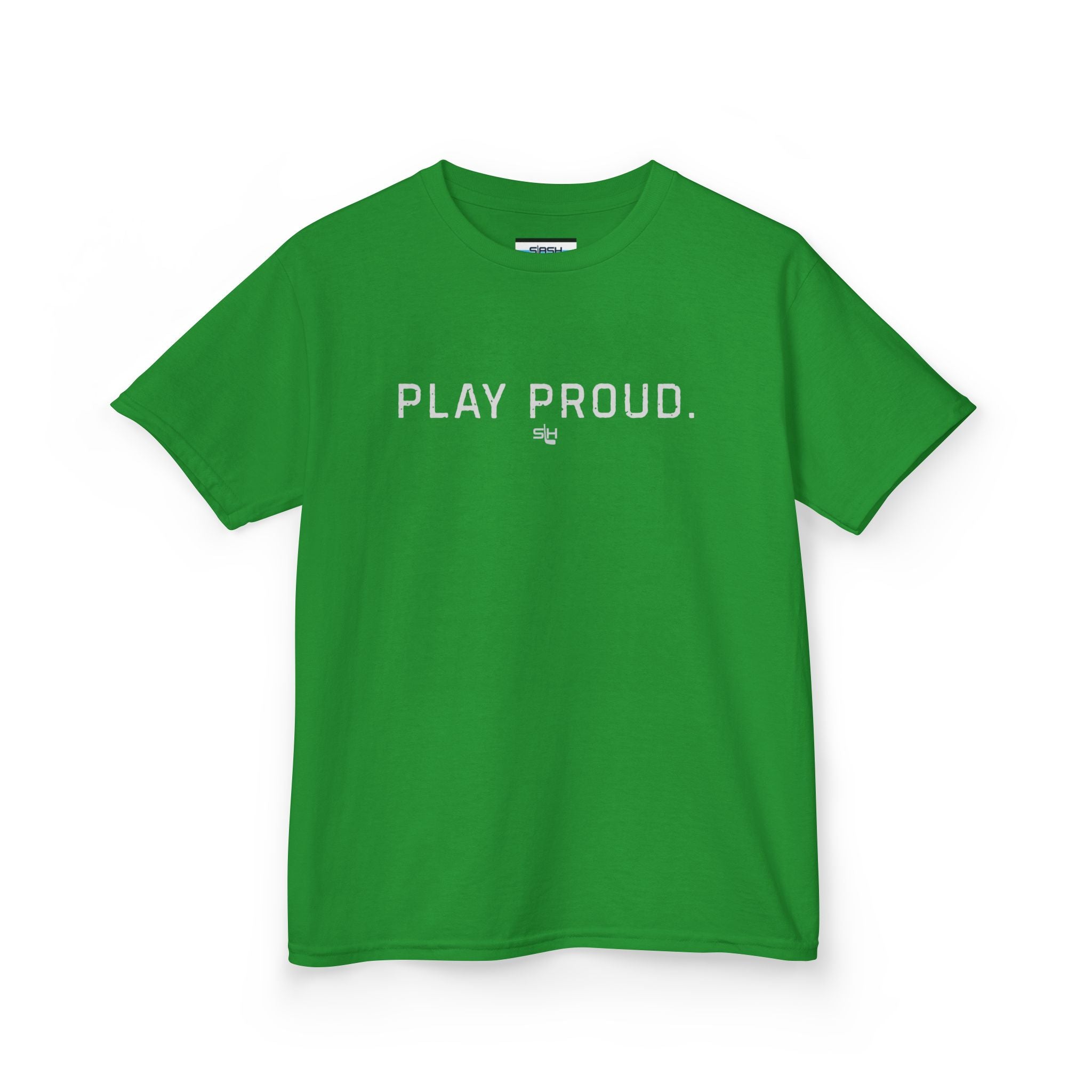 Youth Play Proud hockey tee for kids featuring minimalist “Play Proud” text design celebrating youth hockey pride and sportsmanship