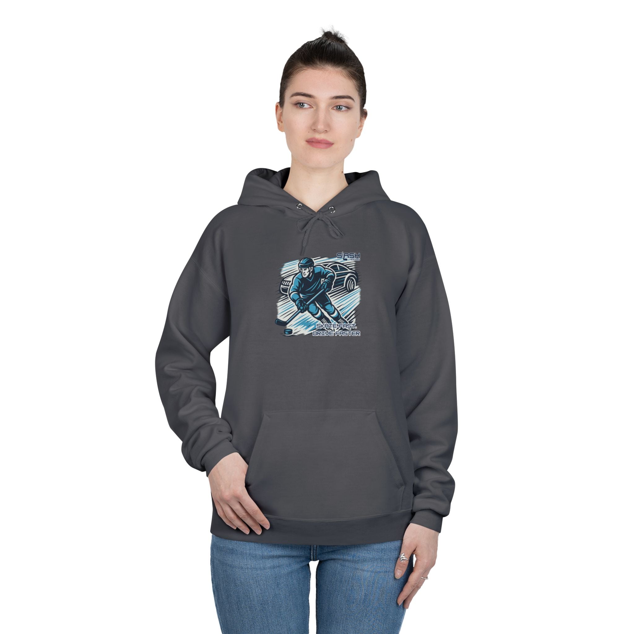 “Skate Fast. Drive Faster. Hockey Hoodie lifestyle photo — model wearing hockey culture hoodie with bold text design, casual fit for rink, travel, or everyday wear.”